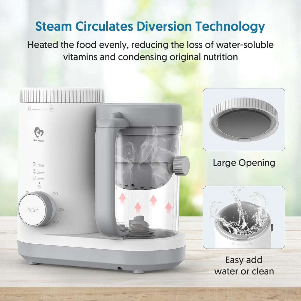 Baby Food Maker Bellababy Baby Food Processor, Puree Blender Steamer with Reversible Steam Basket, One Button Easy Operation & Large Opening for Easy Cleaning