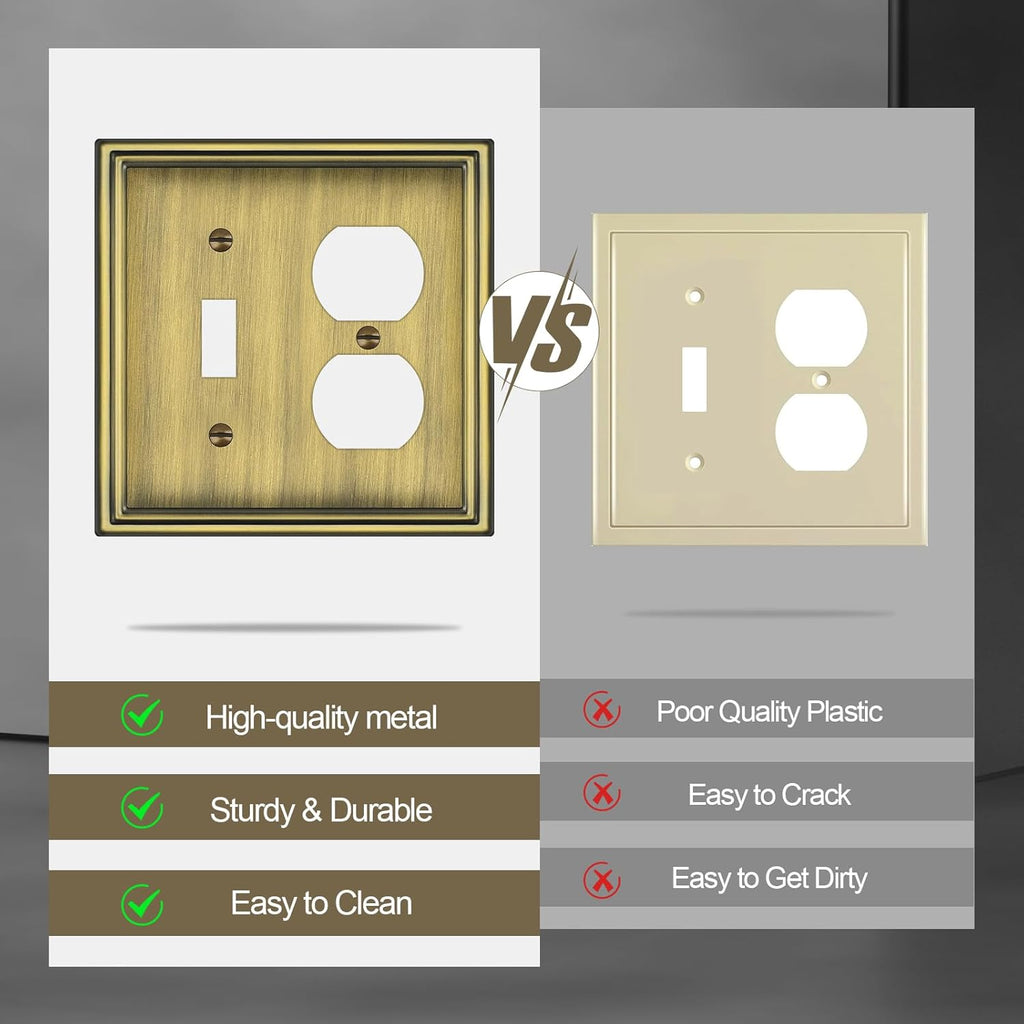 Combination Metal Light Switch Covers Wall Plate, 1 Toggle/1 Duplex Switch Plate Outlet Covers Antique Brass Decorative 2 Gang Wall Plate - Classic Style, 3 Pack