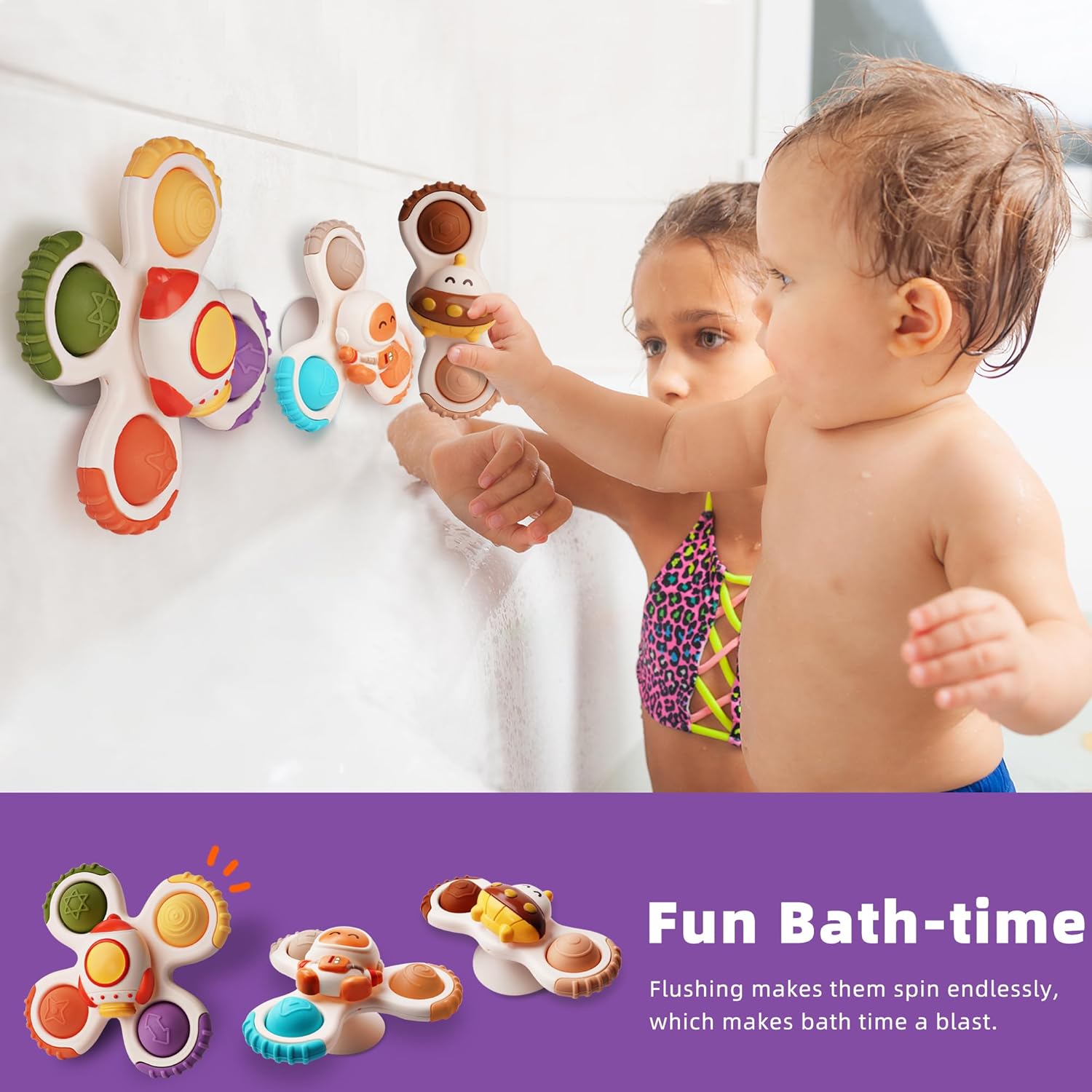 LiKee Strong Suction Cup Fidget Rotating Sensory Bath Toys for Baby 12 18 Months Airplane Car Travel Table & Window Toys for 1 2 Years Old Toddler Boys and Girls (Space-2)
