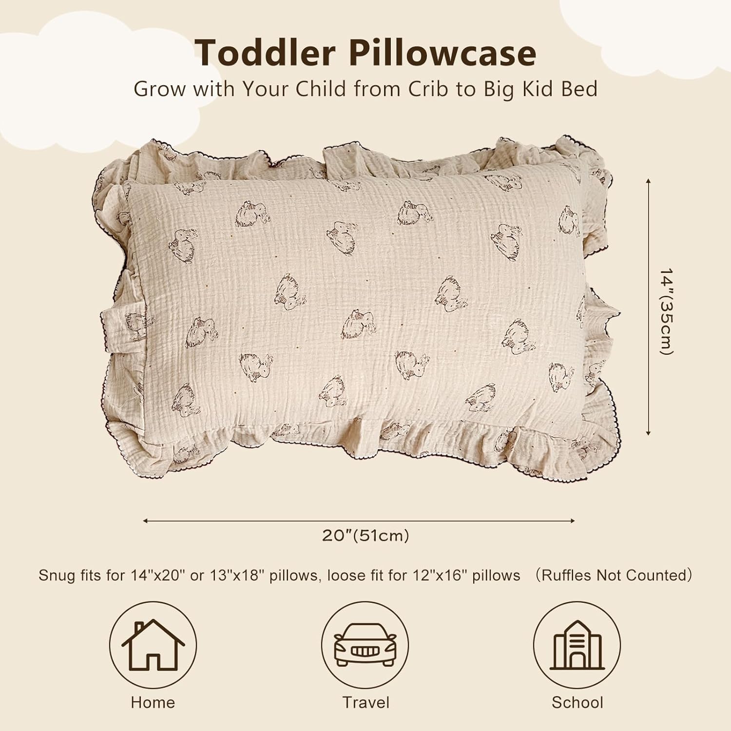 BuLuTu 2-Layer Cotton Muslin Toddler Pillowcase Rabbit Pattern, Soft Breathable Travel Pillow Case Fit for Boys Girls Toddler Pillow 13"x18"or 14"x19", Nursery Decor Kids Pillow Cover 14"x20"
