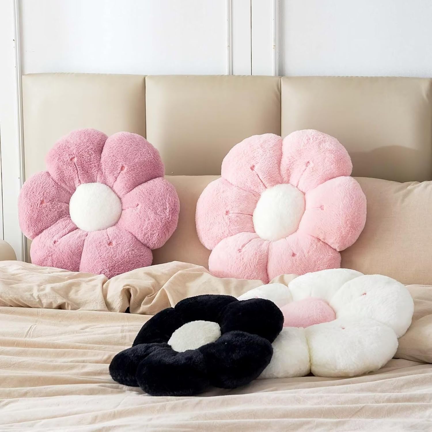 Flower Pillow, Cute Flower Shaped Decorative Pillow, Soft Rabbit Fur Daisy Pillow Home Decor Floor Seating Cushion for Bedroom Living Room (Pink 19.6 Inch)