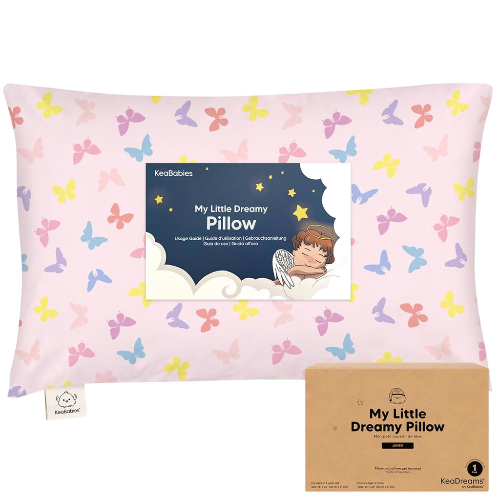 KeaBabies Toddler Pillow with Pillowcase, Jumbo 14X20 - Soft Organic Cotton Toddler Pillows for Sleeping - Machine Washable - Perfect for Travel, Toddler Bed Set (Flutter)