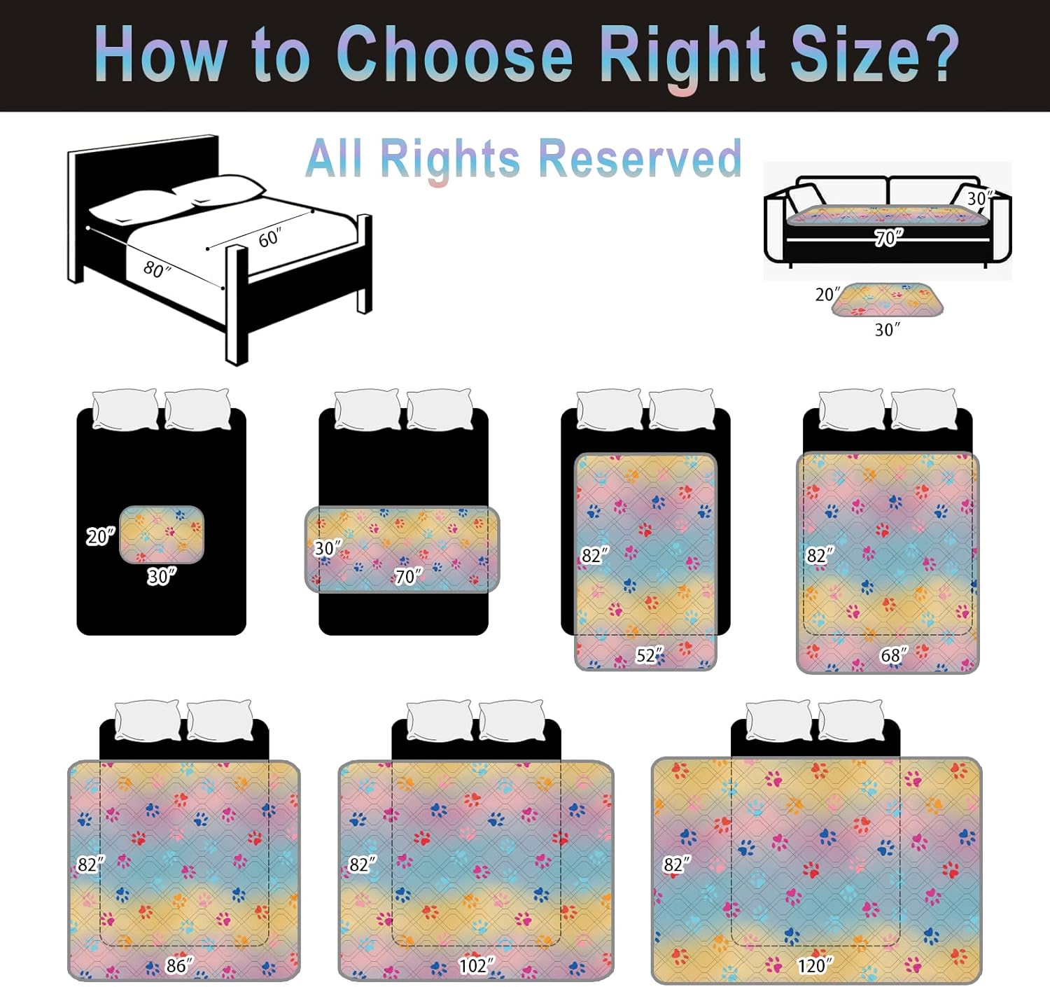 100% Waterproof Dog Bed Cover 102x82 in Reversible Changing Pad Reusable Camping Mat for Kids/Pet/Dog/Cat Washable Geometric Embroidery Blanket Patchwork Rainbow Dog Paw Printed+Gray