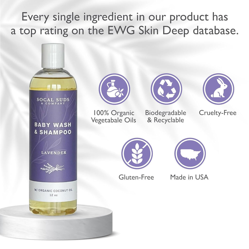 SoCal Suds & Company Baby Shampoo & Body Wash, 2-in-1 Organic Gel - Gentle Castile Soap with Vitamin-Infused Oils & Botanicals - Natural Care for Sensitive Skin & Body Hypoallergenic - 12oz Lavender