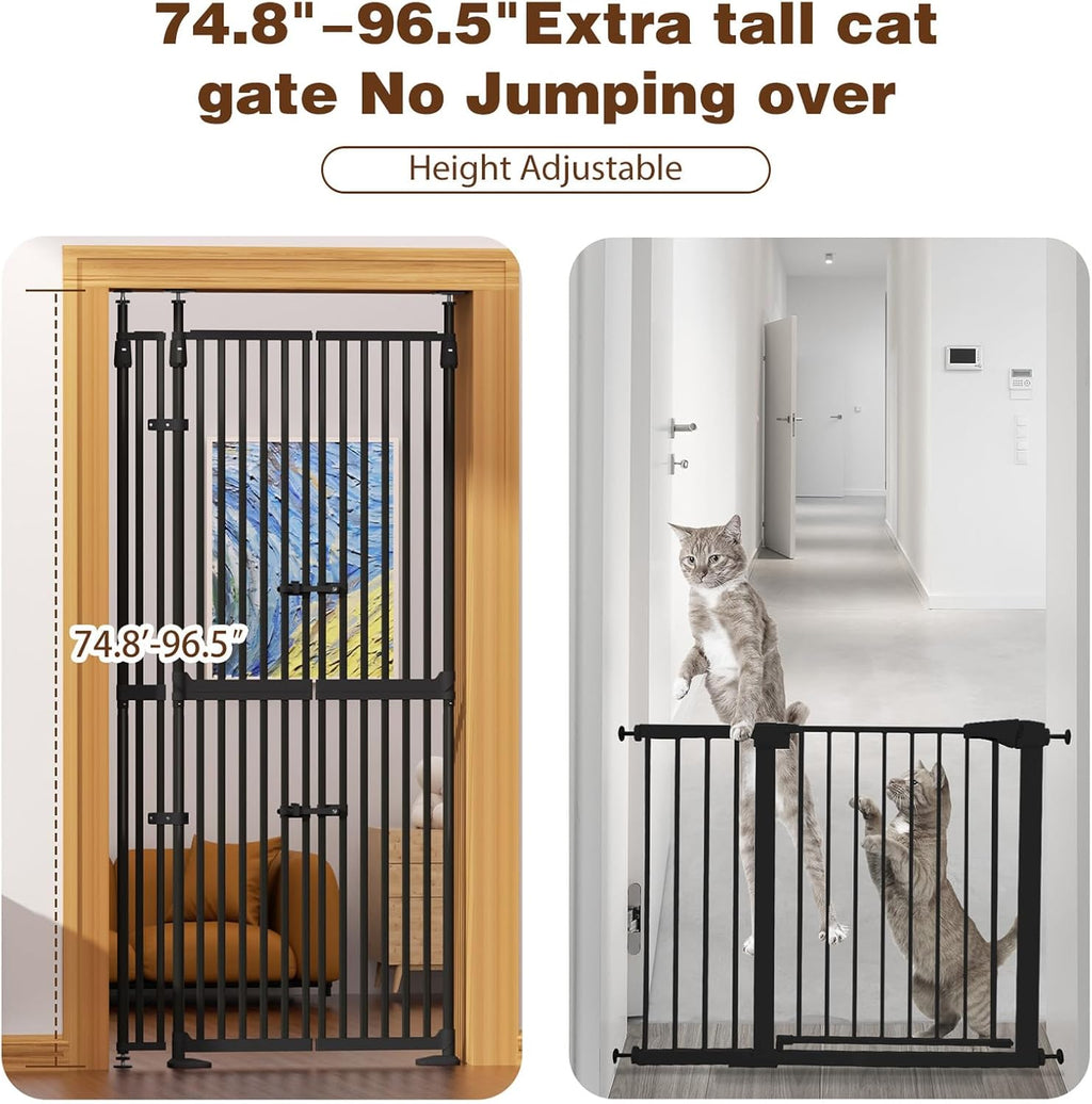 Glaf 74" Extra Tall Cat Gat, 30.31-38.19" Wide Adjustable Cat Door Pressure Mounted Pet Gate with Extra Narrow Gap Auto Close Dog Safety Gate for Doorways, Kitchen,Stairs