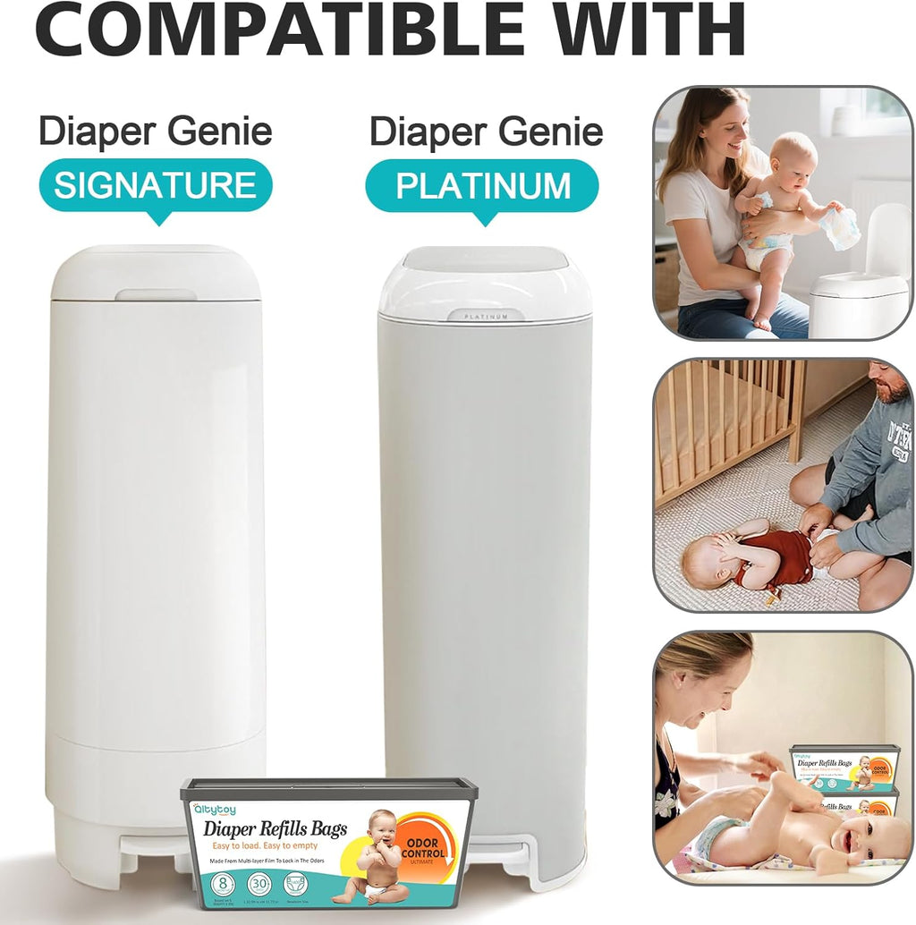 Refills Compatible with Diaper Genie Easy Roll Signature & Platinum Diaper Pail,2-Pack (60 Bags) for 2800 Newborn Diapers,7-Layer Powerful Odor Control.Extra Thickness,Durable & No Tear