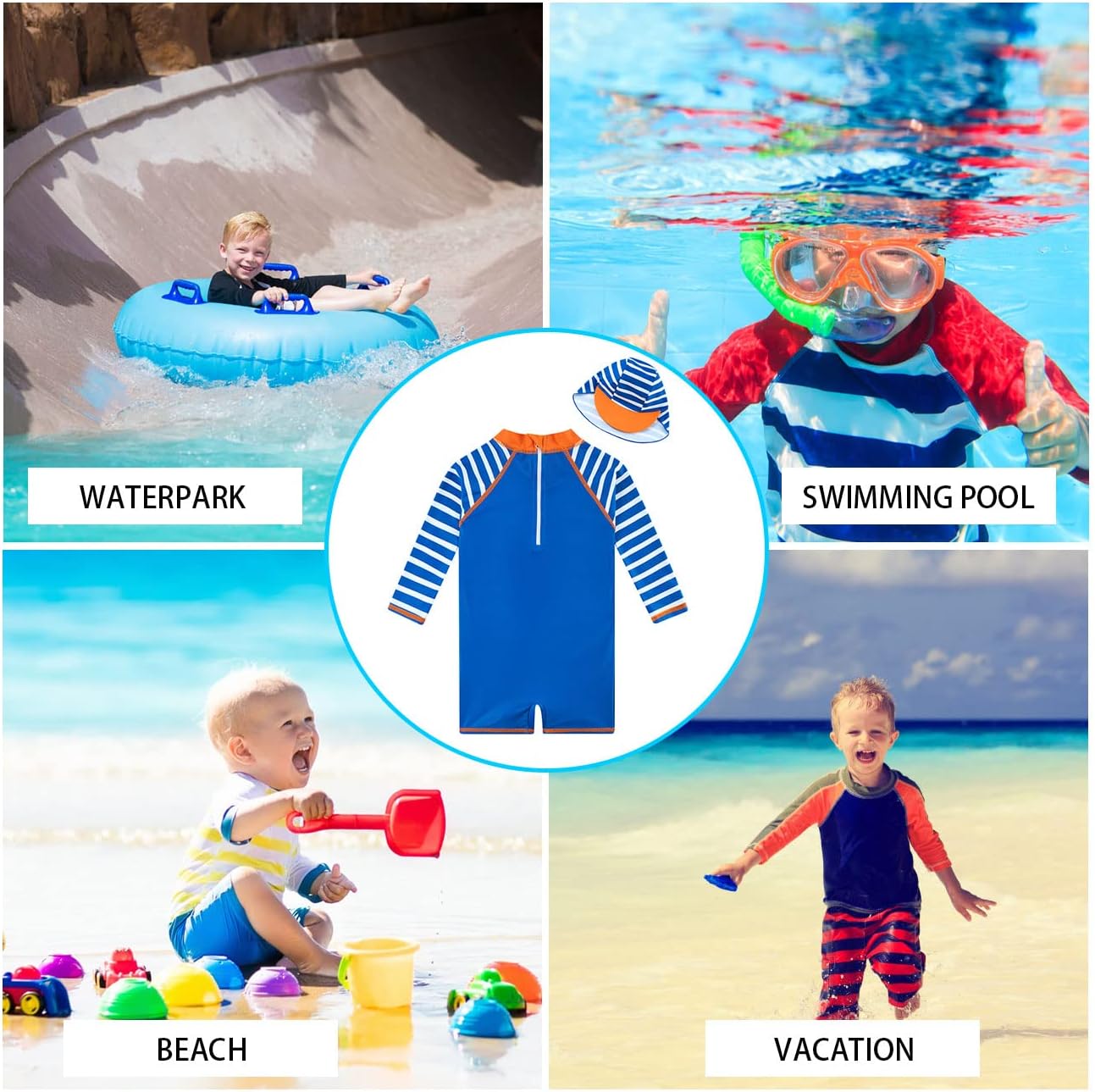 uideazone Baby Boys One Piece Swimsuit Long Sleeve UPF 50+ Rash Guard Bathing Suit Swimwear with Sun Hat 0-24 Months