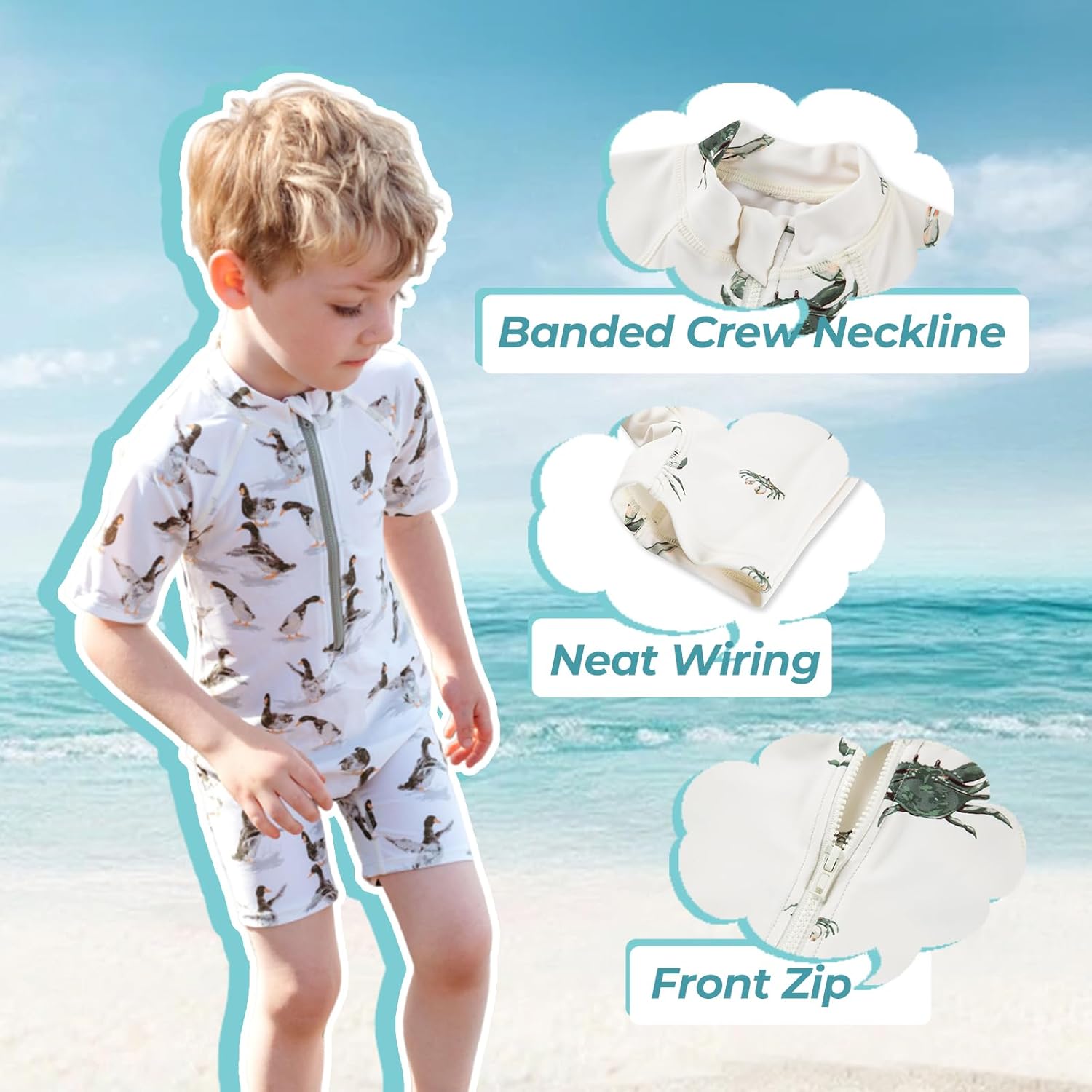 Milkbarn One Piece Swimsuit, Short Sleeve Zipper Bathing Suit for Infant Baby Boy Girl, Toddler Rash Guard Swimwear, Duck