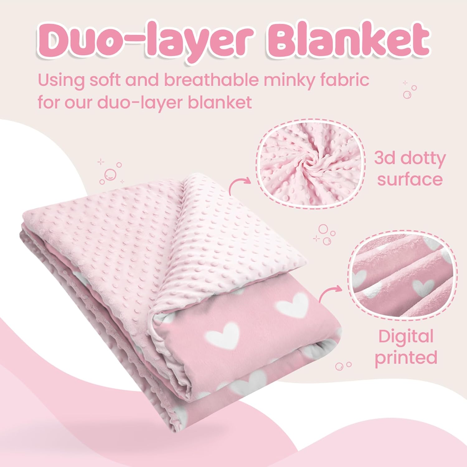 Heart Minky Baby Blanket 30 x 40 Inches for Girls, Soft Plush Receiving Blanket with Dotted Back, Gift for Toddler Newborn Infant Christmas Birthday Baby Shower