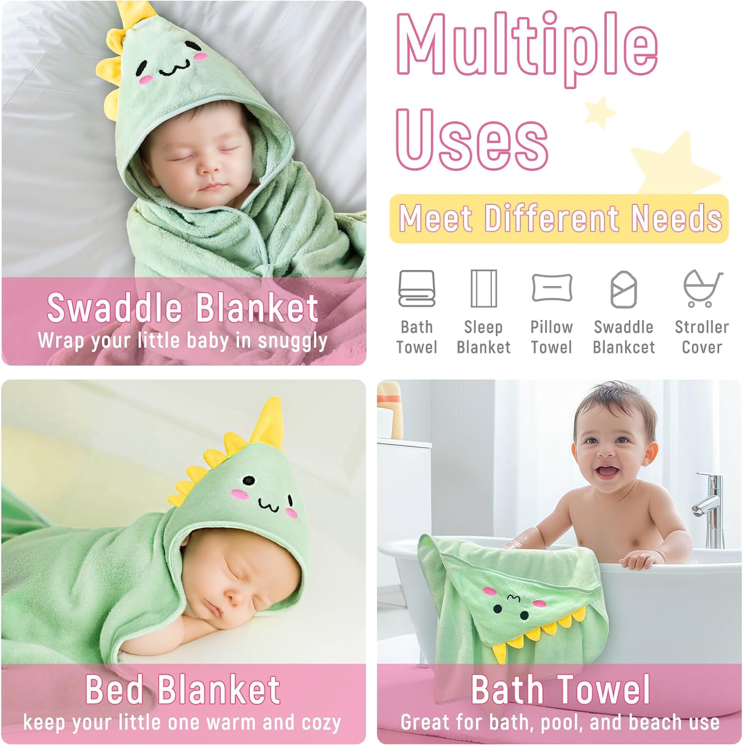 Personalized Baby Towels Hooded with Name, Custom Toddler Bath Towel with Hood for Girl Boy, Warm Swaddle Blanket, Customized Newborn Gifts - Printed (Green Dinosaur)