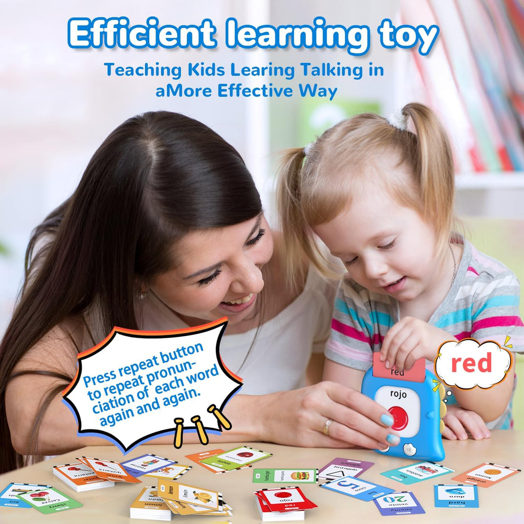 Kidzdo 520 Bilingual Spanish English Talking Flash Cards, Christmas Birthday Gifts for 2 3 4 5 6 Year Old Boys, Montessori Pocket Speech Therapy Toys, Portable Toddlers Toys for Ages 2-6 Kids, Blue
