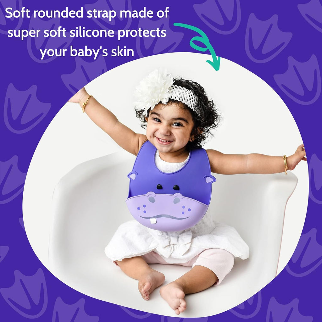 Silly Goose Set of 3 Silicone Animal Baby Bibs for Babies and Toddlers, Waterproof, Adjustable, Soft, Extra Wide Food Catcher Pocket (3PK Fox+Bear+Hippo)