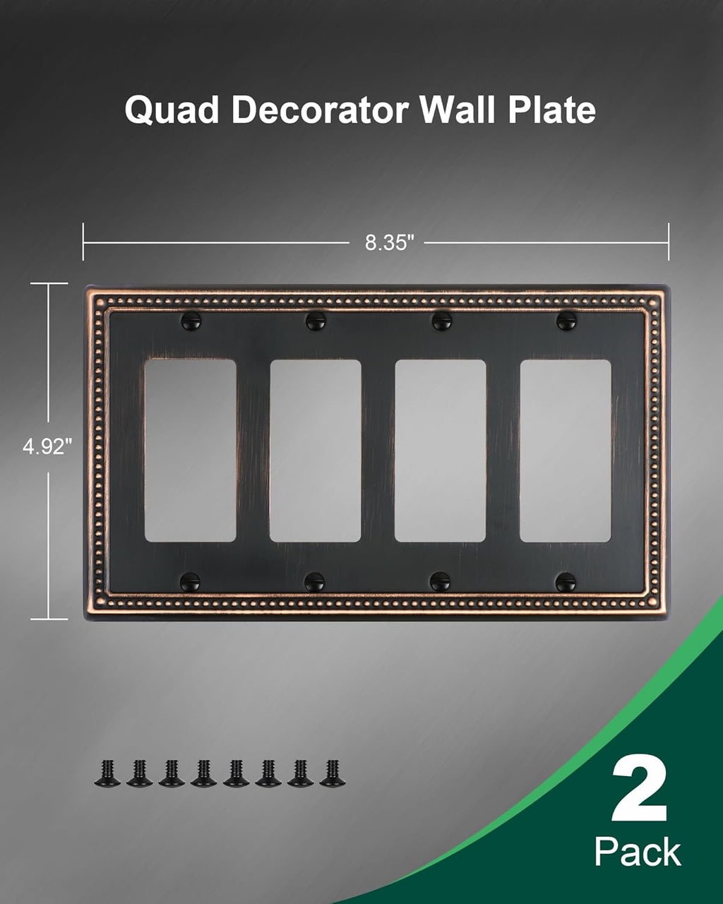2-Pack Quad Decorator Outlet Cover Plate, Pearls Decorative Switch Plates and Outlet Covers, 4 Gang Aged Bronze Metal Wall Plates, Corrosion Resistant