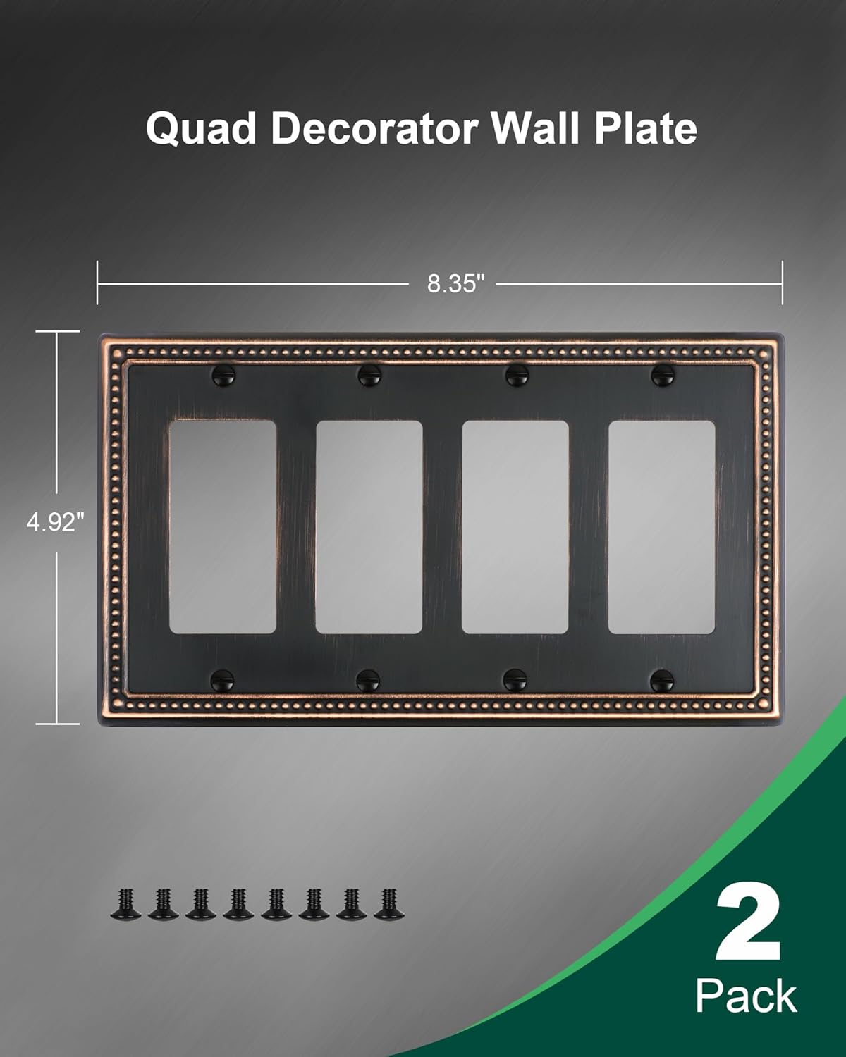 2-Pack Quad Decorator Outlet Cover Plate, Pearls Decorative Switch Plates and Outlet Covers, 4 Gang Aged Bronze Metal Wall Plates, Corrosion Resistant