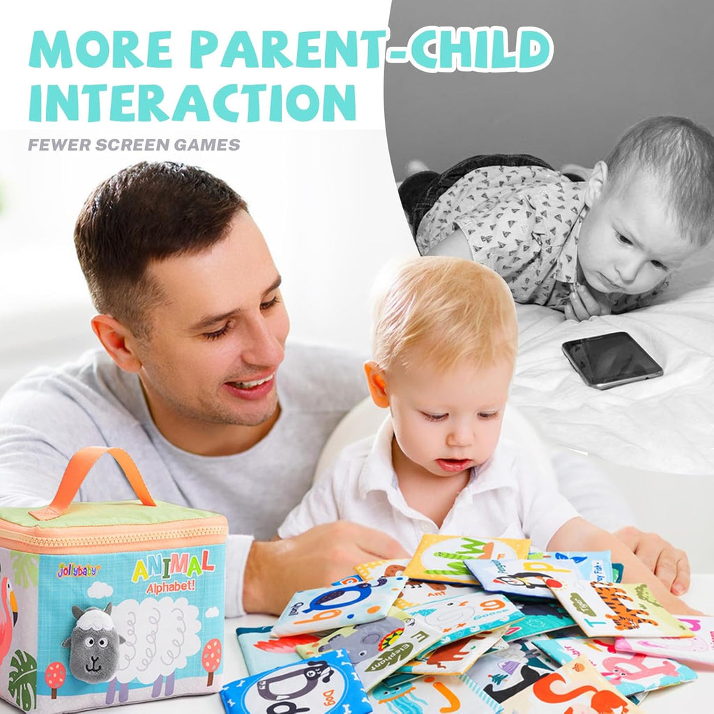 Jollybaby Reusable Soft Cloth ABC Alphabet/Letters Animal Flash Cards for Baby 0-3-6-9-12-18 Month, Curious Baby First Words Learning Activity Flashcards, Tummy Time Toy Gift for 1 Year Old Boy Girl