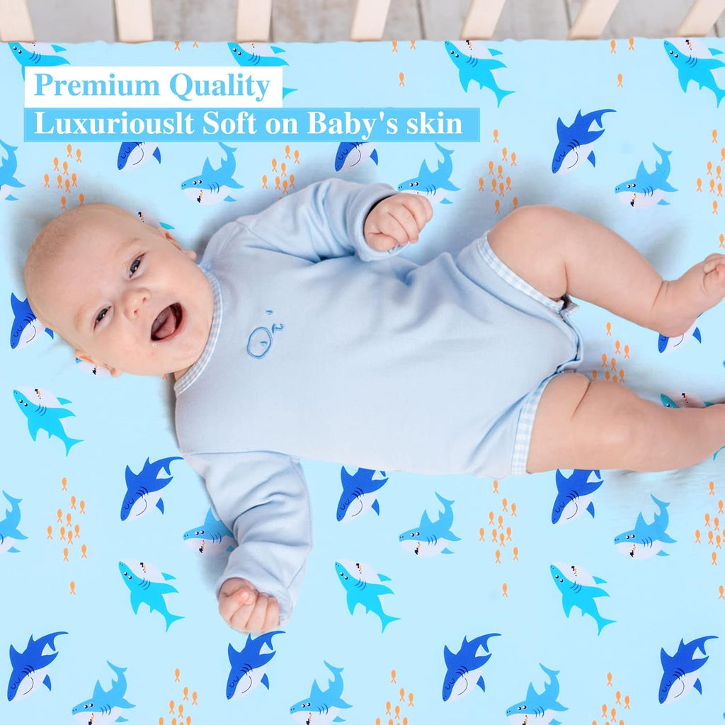UOMNY Crib Sheet for Baby Boys Shark Fitted Crib Sheets for Standard Crib and Toddler Mattresses Ocean Crib Mattress Sheets for Daycare 52 x 28 Blue