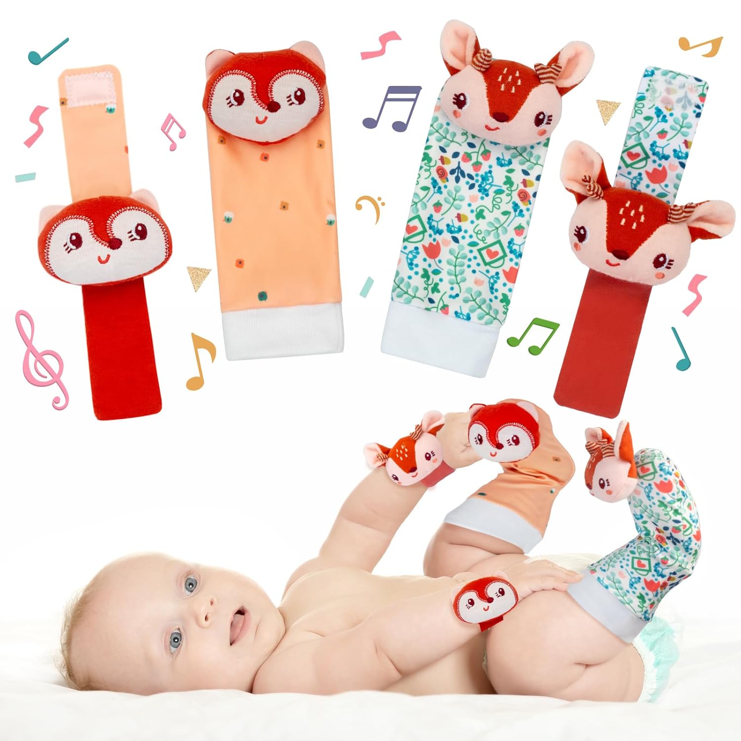 Lovely Animal Wrist Rattles & Sock Toy for Baby Infant 0-6 6-12 Month Old Newborn Soft Toy Hand and Foot Finder Girl Boy Birthday Shower Easter Gift Set for Babies