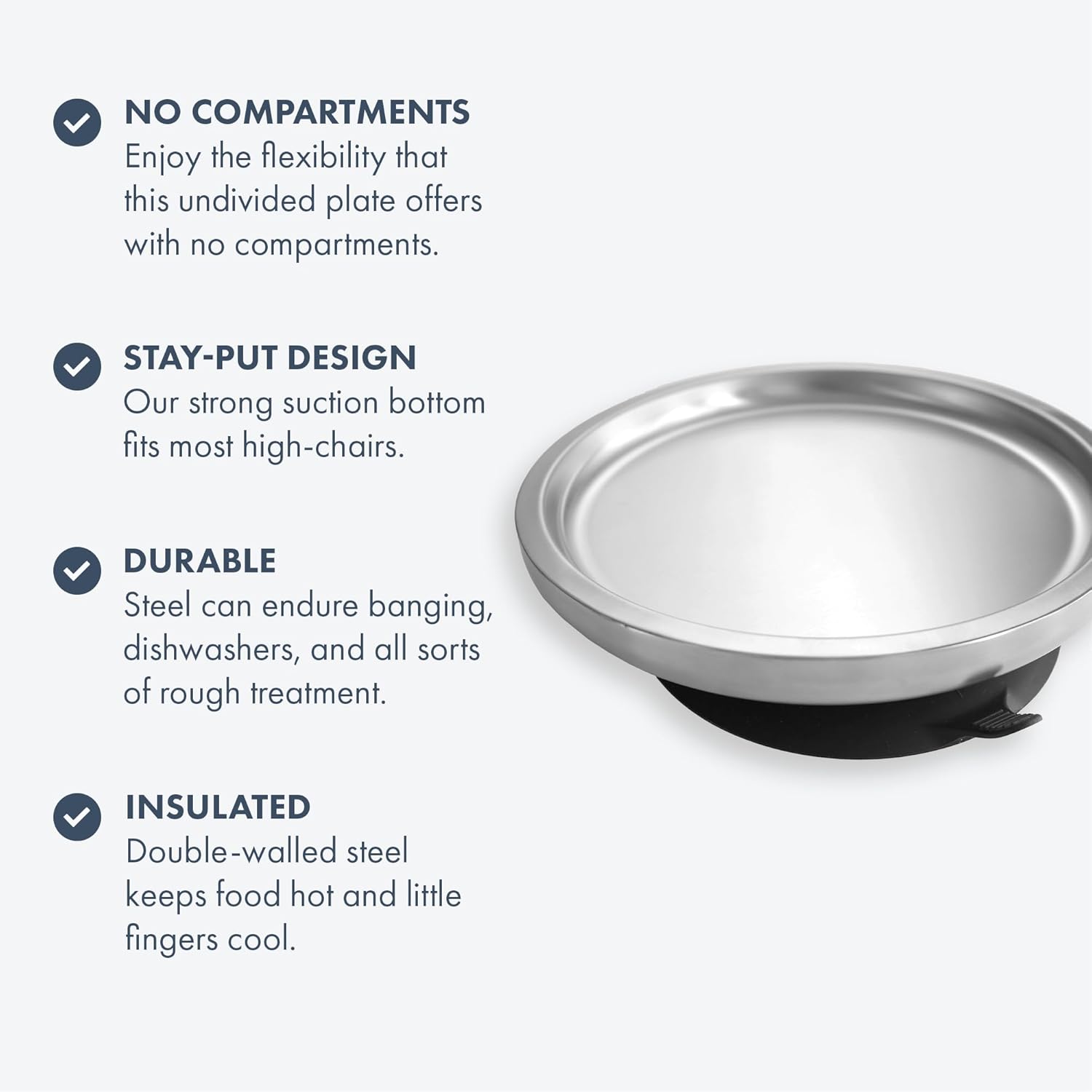 Avanchy Open Baby Plates with Suction – Stainless Steel Divided Plates for Toddlers, BPA-Free, Dishwasher Safe, Unbreakable, Non-Toxic, 100% Silicone Suction – Gray