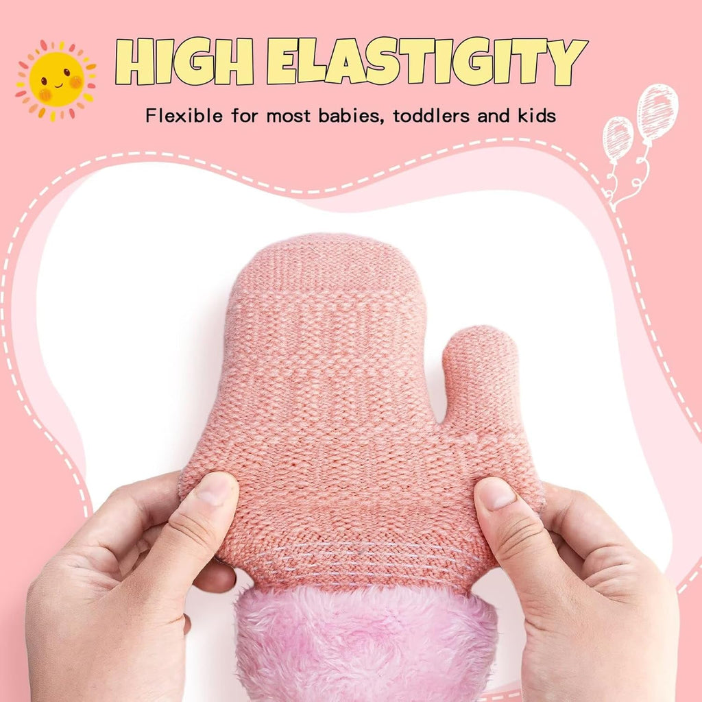 Winter Mittens Gloves Beanie Hat Set for Kids Baby Toddler Children, Thick Warm Knit Fleece Lined Thermal Set for Boys Girls