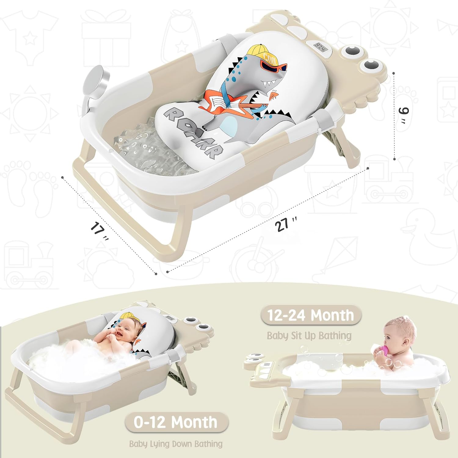 TPN Collapsible Baby Bathtub, Baby Bath Tub with Soft Cushion & Real-Time Thermometer, Baby Bathtub Infant to Toddler Tub (0-36 Months), Portable Newborn Travel Bath tub