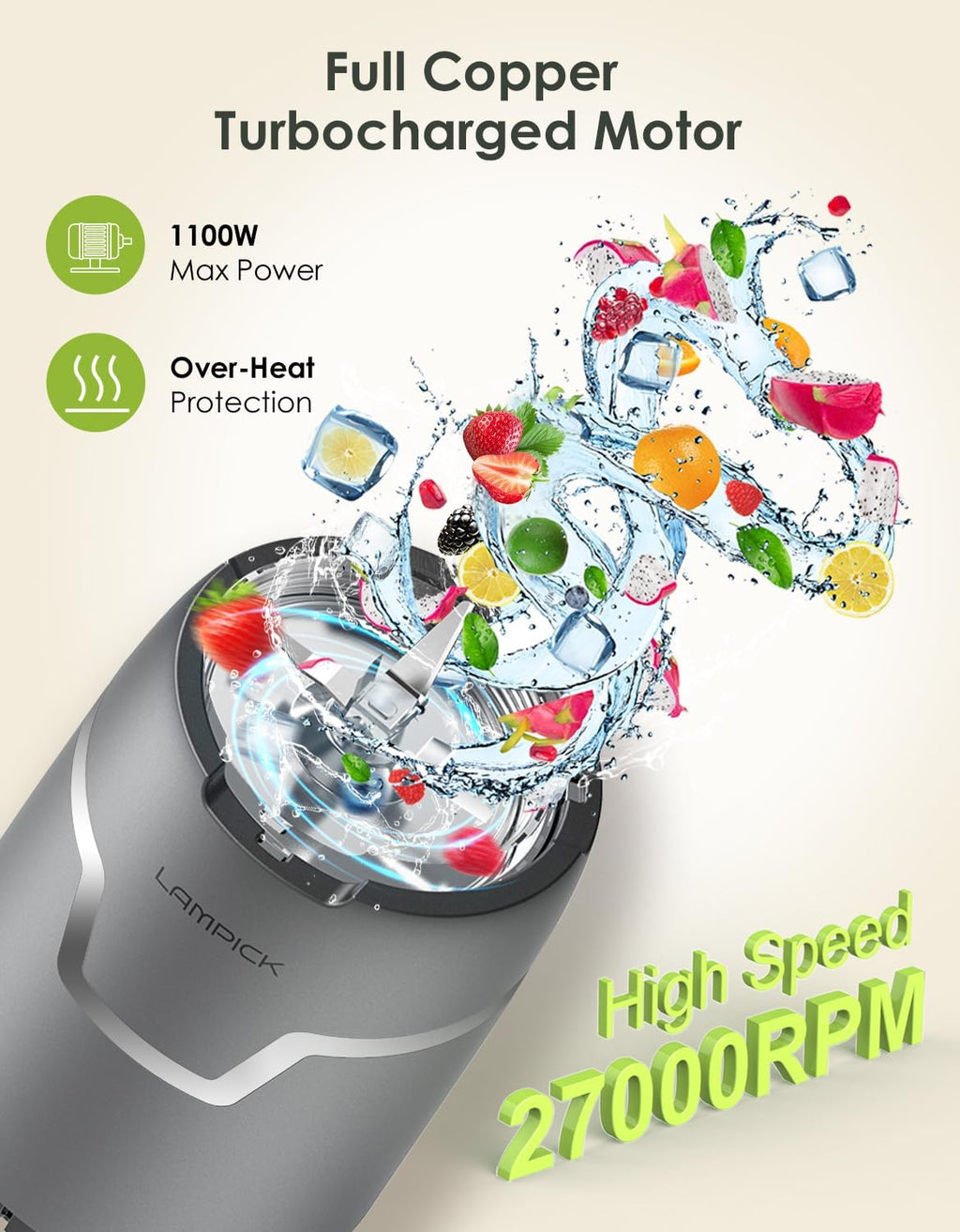 Smoothie Blender, 1100W Personal Blender for Shakes and Smoothies, Blenders and Grinder Combo for Kitchen with 2 * 22 Oz To-Go Cup and Lid for Protein Shake, Baby Food, Frozen Drink