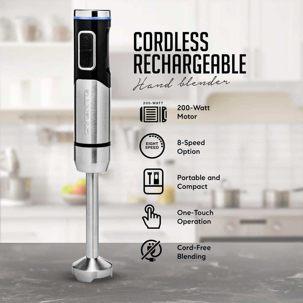 OVENTE Cordless Immersion Hand Blender, Rechargeable Handheld Portable Stick Mixer with 8 Mixing Speed Option, One-Touch Control and Stainless Steel Blades for Smoothies, Shakes or Soups, Black HR981B