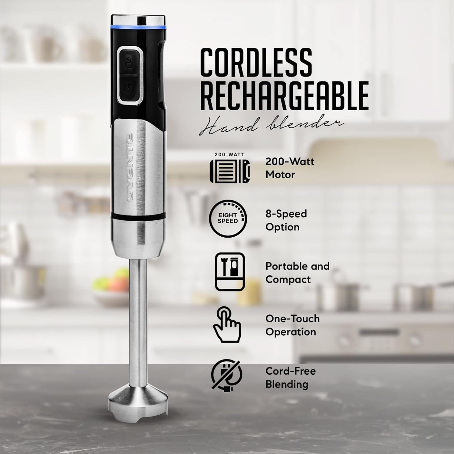 OVENTE Cordless Immersion Hand Blender, Rechargeable Handheld Portable Stick Mixer with 8 Mixing Speed Option, One-Touch Control and Stainless Steel Blades for Smoothies, Shakes or Soups, Black HR981B