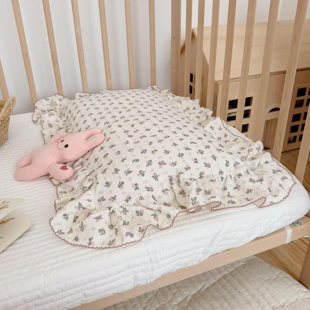 BuLuTu Chic Bellflower Pink Toddler Pillowcase with Ruffles Pillow Cover for Boys Girls 1 2 3 4 5 6 Years Old, Soft Breathable Muslin Cotton Pillow Case for Crib Cot Cradle, 14"x20", 1 pc