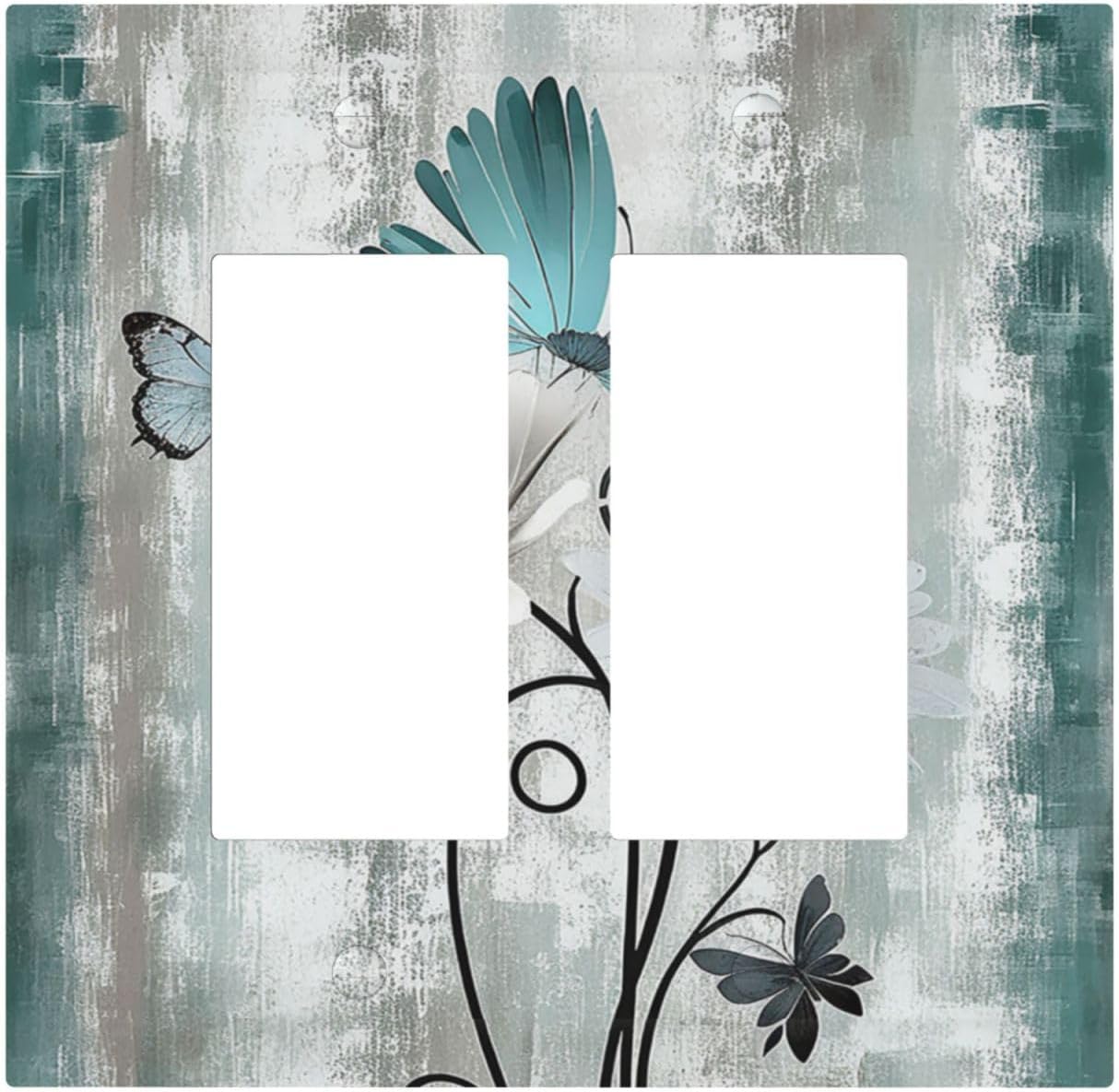 Decorative Outlet Covers Rustic Teal Daisy Floral Flowers Butterfly Wood Grain 2 Gang Double GFCI Rocker Electrical Wall Panels Light Switch Cover Plate for Bathroom Bedroom Decor