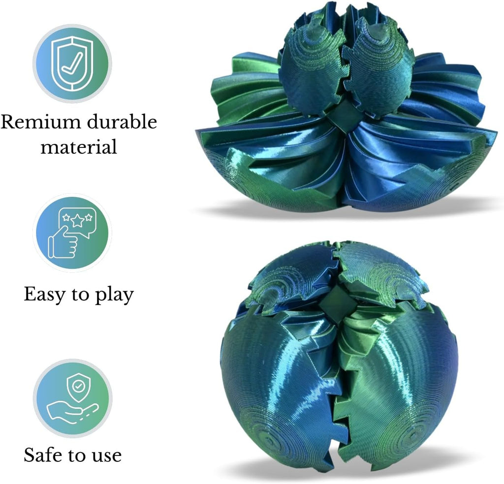 3D Printed Gear Ball, Gear Sphere Fidget Toy Stress Relif Toy for ADHD, Anxiety Relaxing Toy for Adults at Work/Study/Travel, Twisted Blue-Green