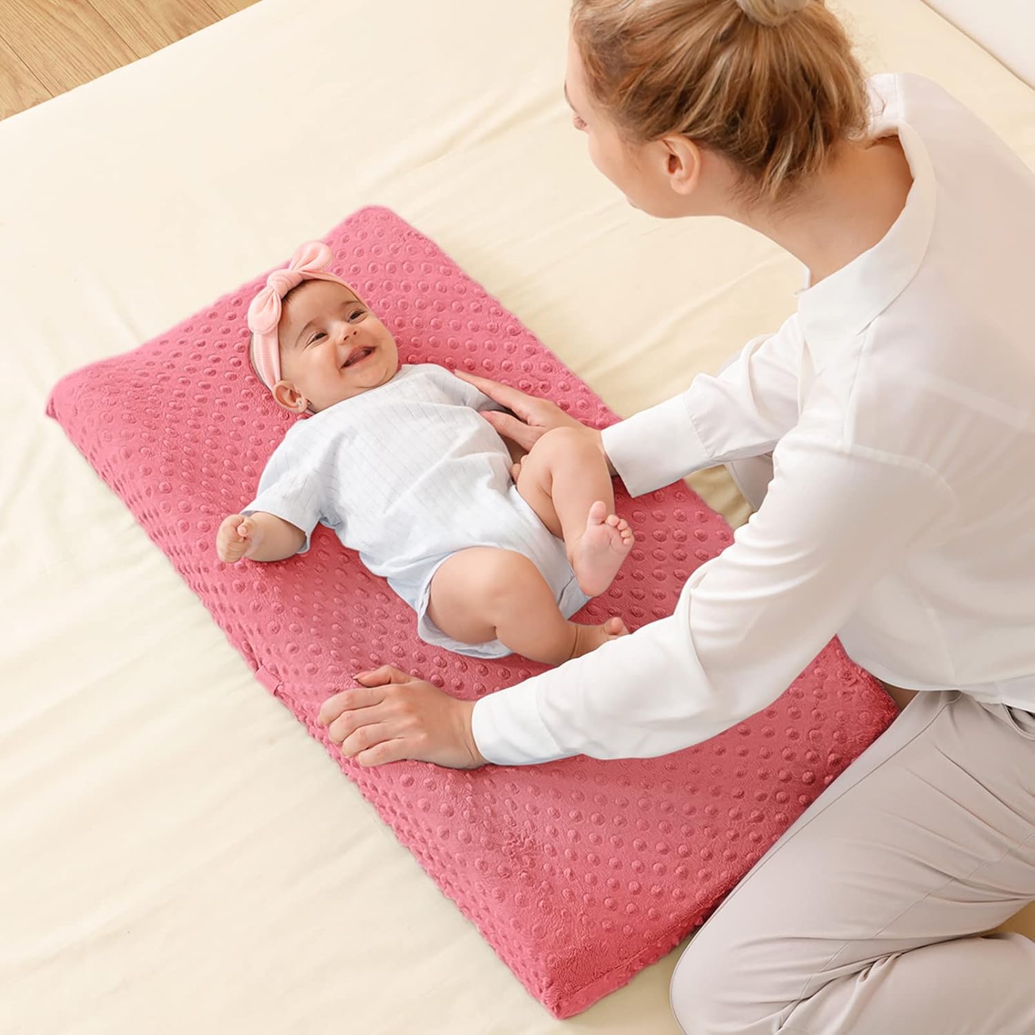 Baby Changing Pad Cover, Super Soft Plush Dot Diaper Changing Table Covers for Baby Girls and Boys, Ultra Comfortable, Safe for Babies, Fit 32"/34'' x 16" Pad (Strawberry Red)