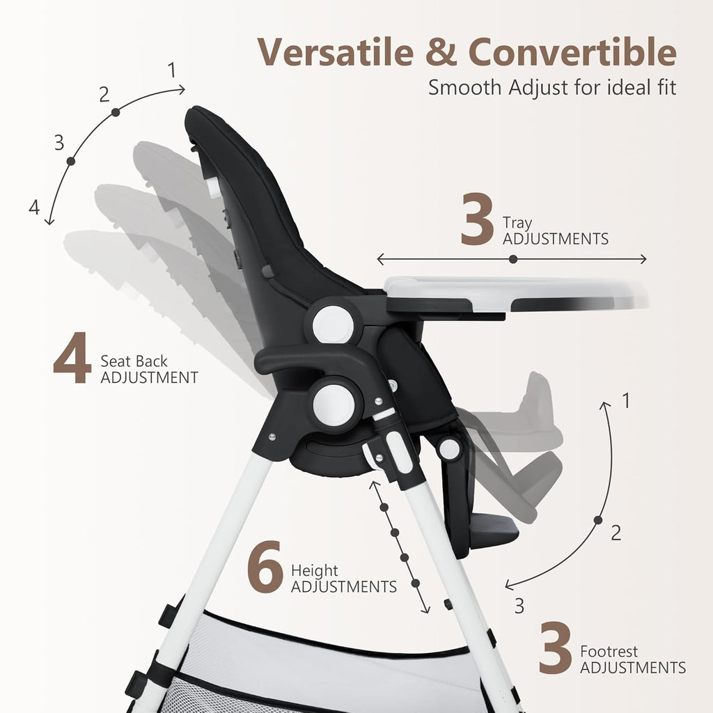 Kinder King Convertible Baby High Chair, Adjustable Feeding Chair for Babies and Toddlers with Removable Double Tray, Simple Compact Fold for Space-Saving, 2 Built-in Wheels, Easy to Clean, Black
