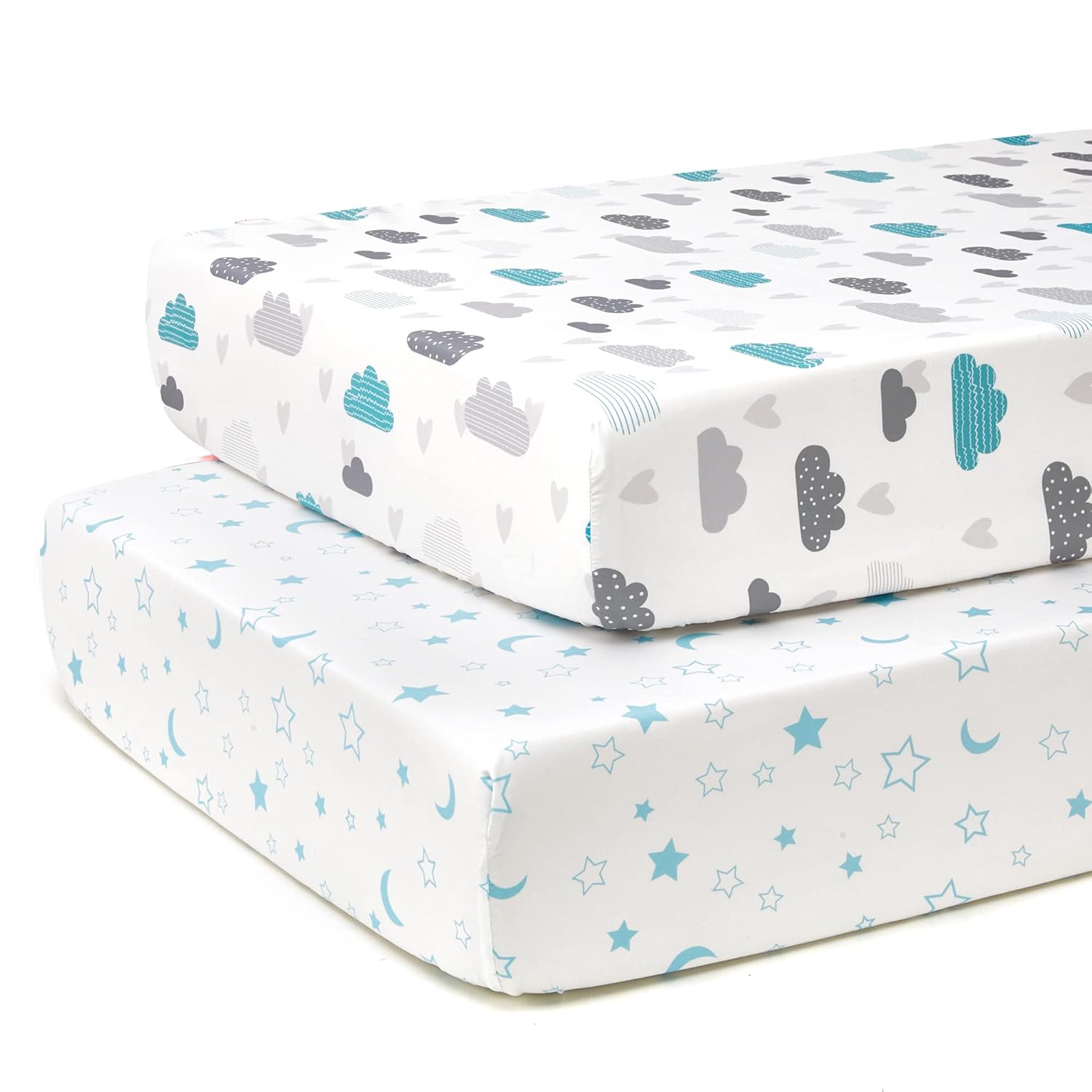 TILLYOU Baby Crib Sheets for Boys Girls, Super Soft Toddler Bed Sheets, 2 Pack Sheets for Standard Crib Mattress 28x52in, Blue Clouds and Stars