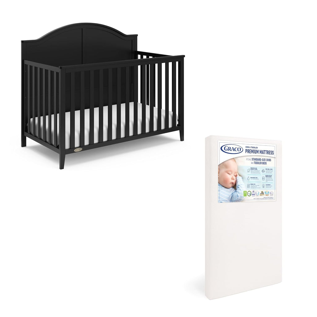 Graco Wilfred Crib and Mattress Nursery Essentials Pack (Black) – GREENGUARD Gold Certified Baby Crib & Crib Mattress, Cribs with Mattress Included, Convertible Crib, Baby Mattresses for Crib