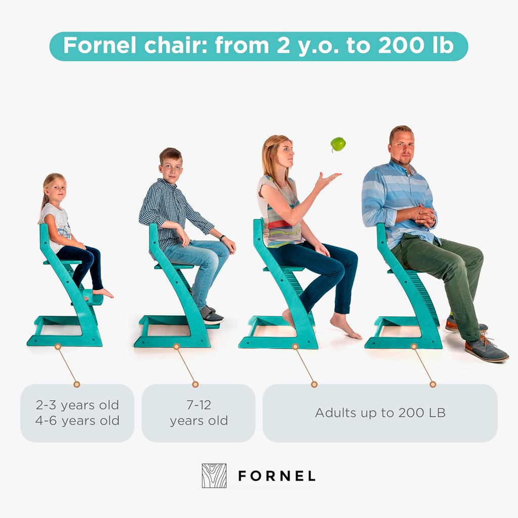 FORNEL Modern Wooden High Chair in Turquoise | The Adjustable Grow-with-Me Chair with a Stylish Pop of Color for Your Kitchen & Dining Room