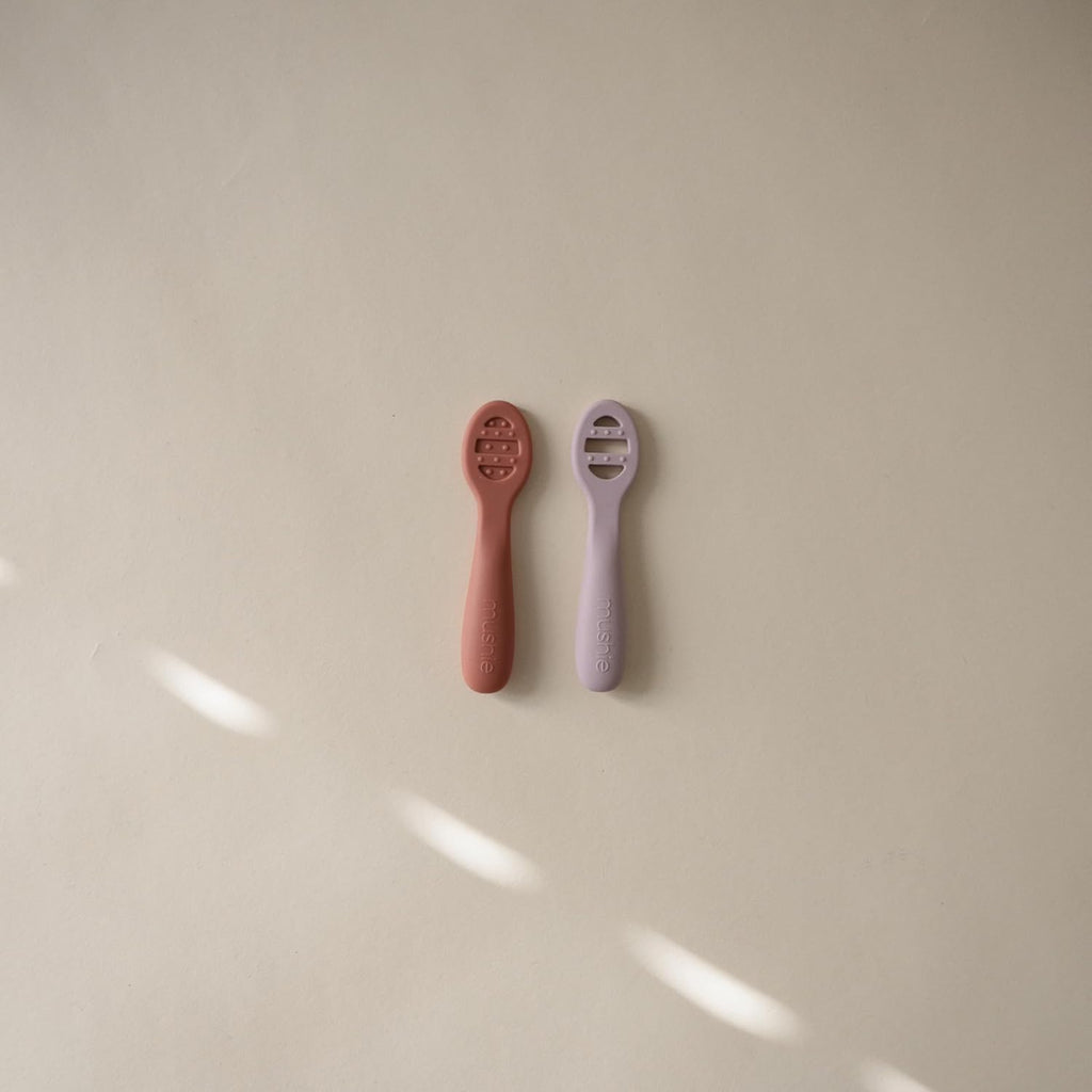 mushie Silicone First Feeding Baby Spoons | 2 Pack (Rose/Soft Lilac)