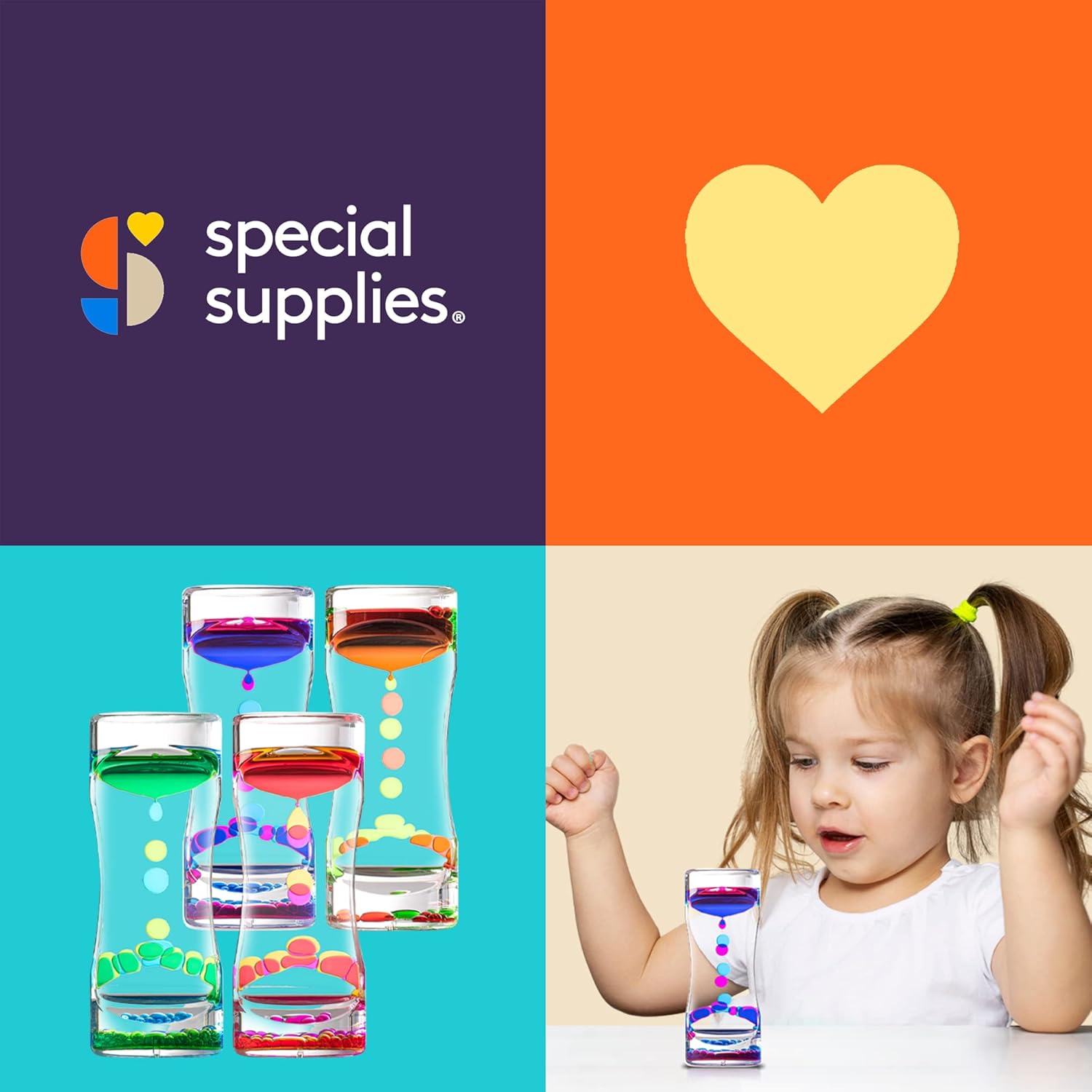 Special Supplies Liquid Motion Bubbler Toy (4-Pack) Colorful Hourglass Timer with Droplet Movement, Bedroom, Kitchen, Bathroom Sensory Play, Cool Home or Desk Decor