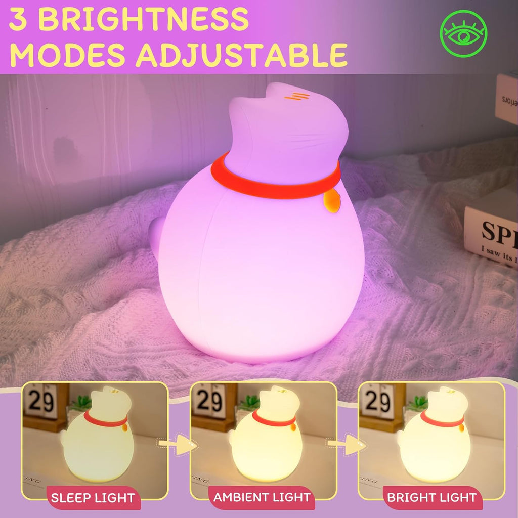 7-Color Changing Cat Night Light, Silicone Rechargeable Nursery Light with Timer & 3 Modes, Kids Bedroom Lamp Touch Sensor (Cute Animal Design)