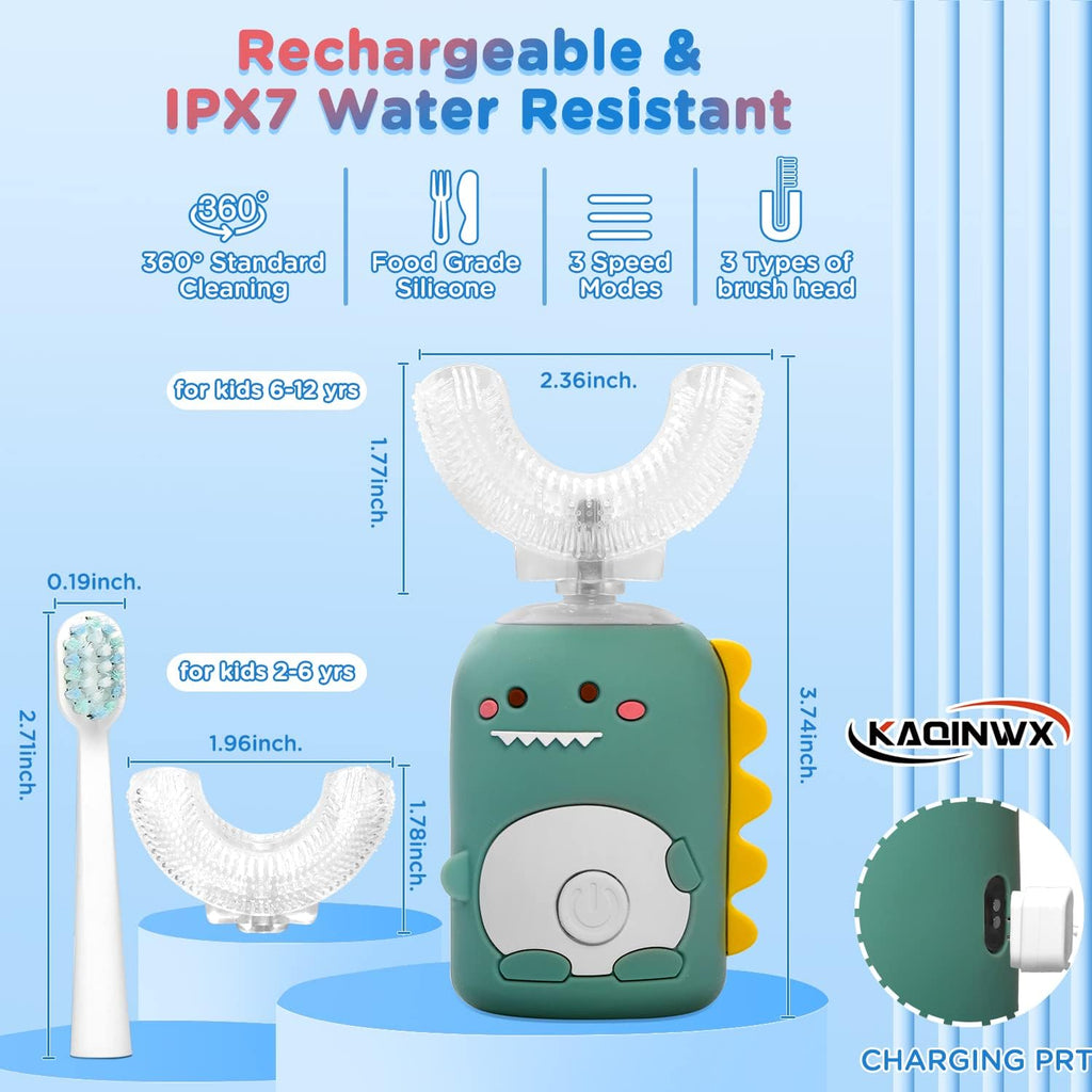 Kids U Shaped Electric Toothbrush for Age 2-12, Rechargeable Toddler Toothbrush with Smart Timer & 3 Clean Modes, Dinosaur Design, IPX7 Waterproof, 3 Brush Heads & 360°Cleaning