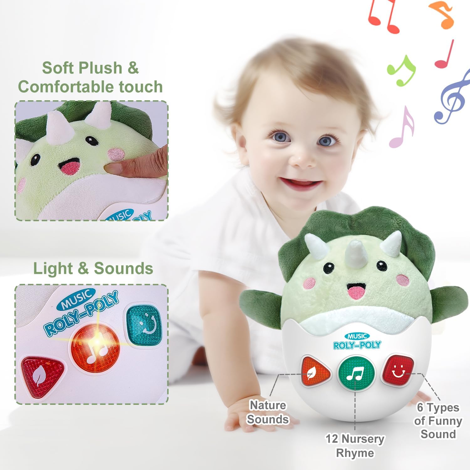 Baby Dinosaur Toys 0-3-6-12 Months, Musical Infant Toys with Light & Sounds, Soft Plush Stuffed Animal, Newborn Boys Girl 1st Birthday Shower Gift, Roly-poly Sensory Tummy Toy Easter Egg Gifts