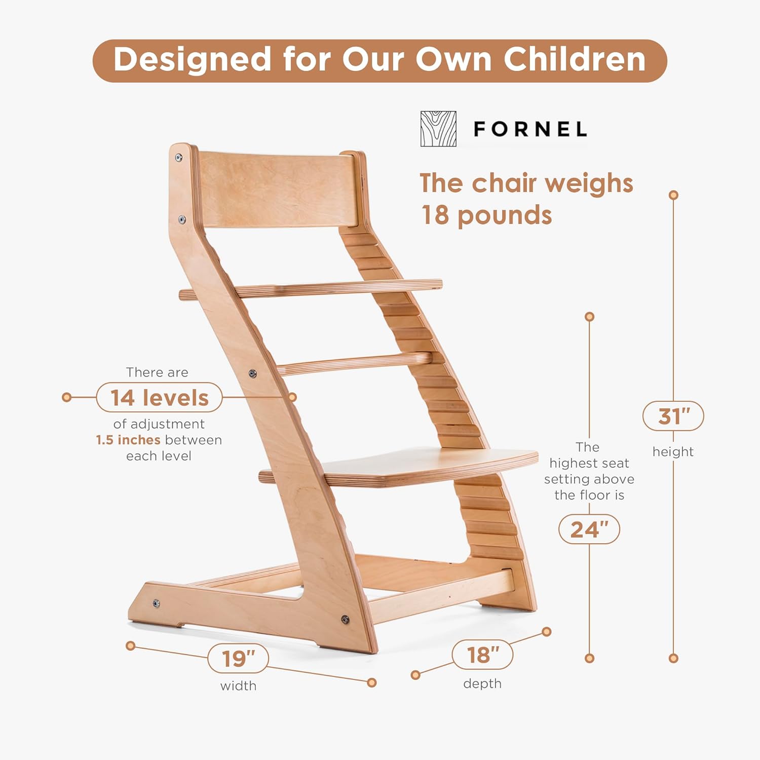 FORNEL Scandinavian Wooden High Chair | The Adjustable Grow-with-Me Chair, A Smart & Affordable Alternative to Stokke Tripp Trapp | Natural Wood Finish