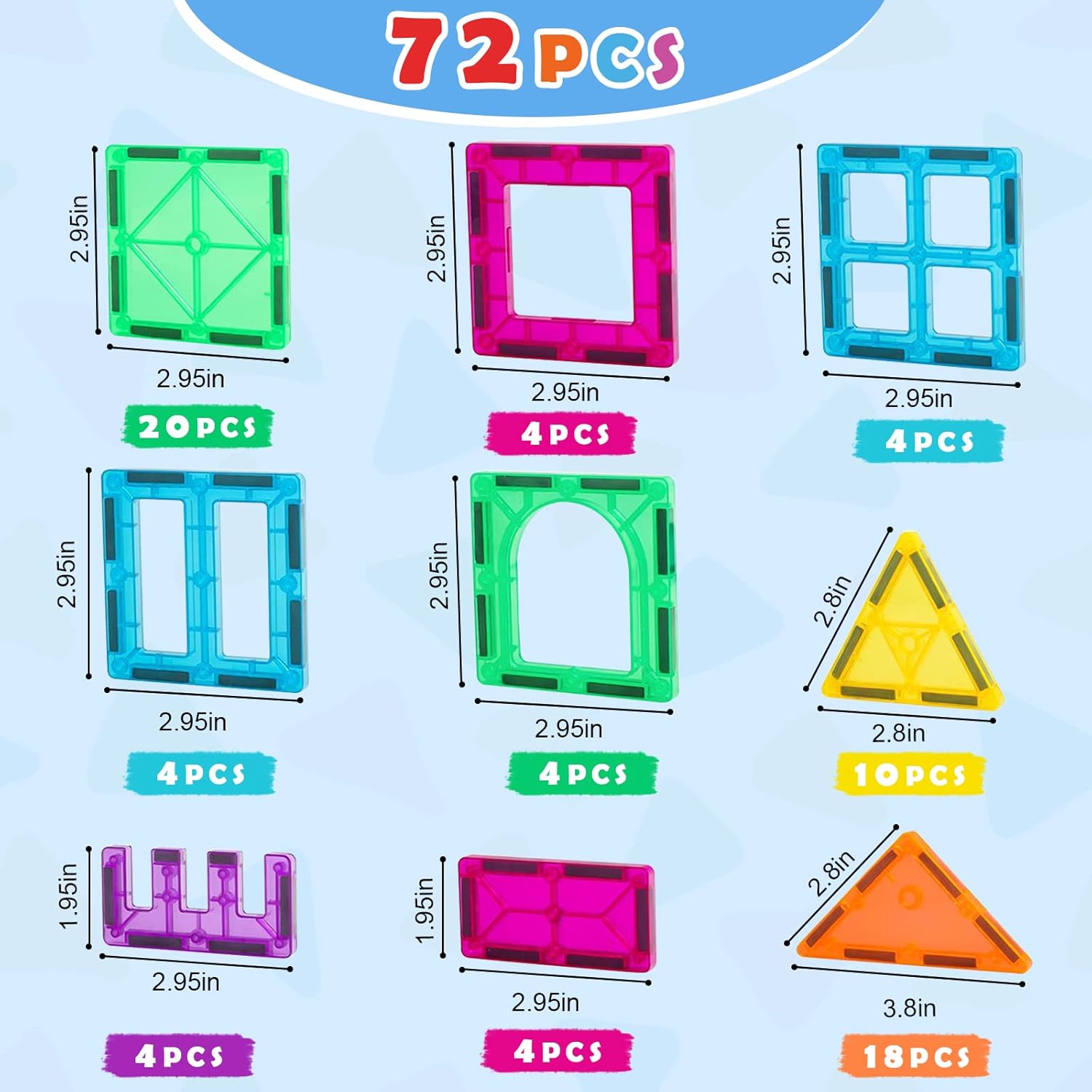 Gemmicc Magnetic Tiles, Magnet Toys Building Blocks for Kids, STEM Approved Educational Toys,Magnet Puzzles Stacking Blocks for Boys Girls,72 PCS Advanced Set