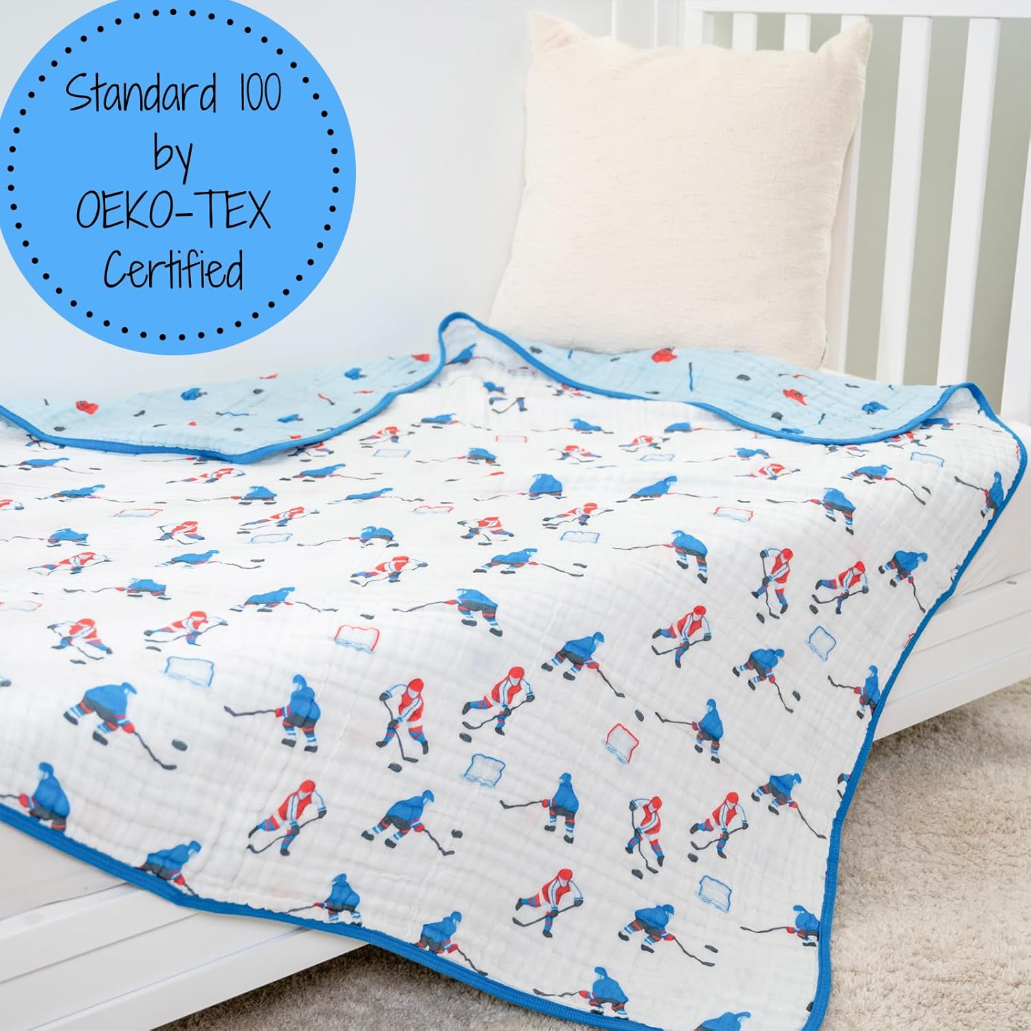 LollyBanks Muslin Blanket 100% Organic Cotton, Muslin Quilt Lightweight, 6 Layers Baby Blankets 47"x 47", Muslin Blanket for Boys, Nursery Receiving Blankets (Ice Hockey Print)