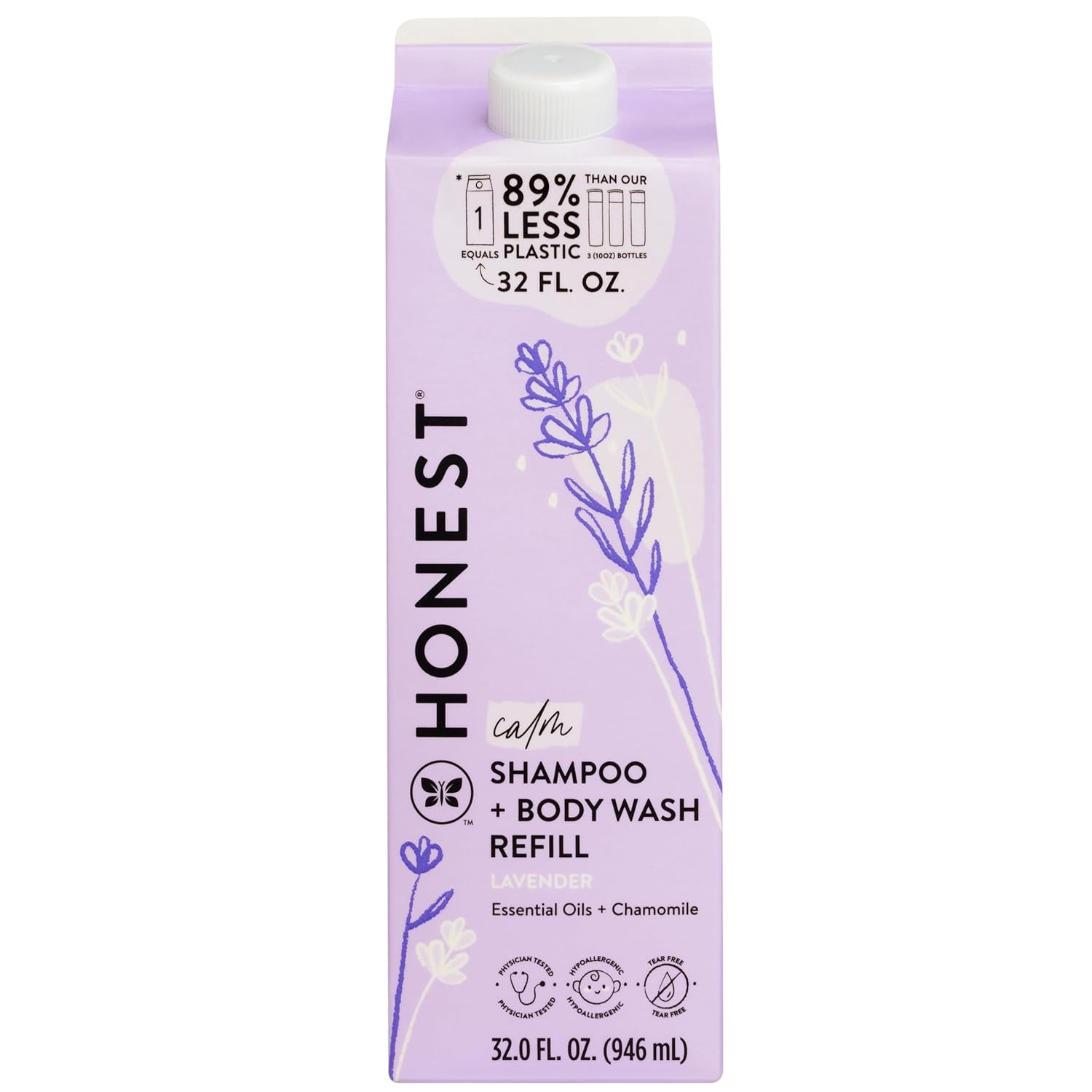 The Honest Company 2-in-1 Cleansing Shampoo + Body Wash Refill Carton | Gentle for Baby | Naturally Derived, Tear-free, Hypoallergenic | Lavender Calm, 32 fl oz
