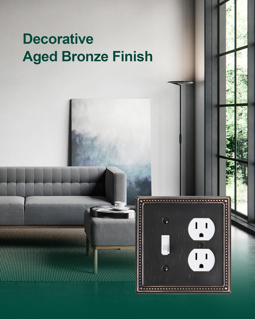 2-Pack Combo Toggle/Duplex Light Switch Cover Plate, Aged Bronze Metal Wall Outlet Cover Plate, Decorative Classic Beaded Wall Socket Receptacle Cover for Electrical Outlets, Light Switch
