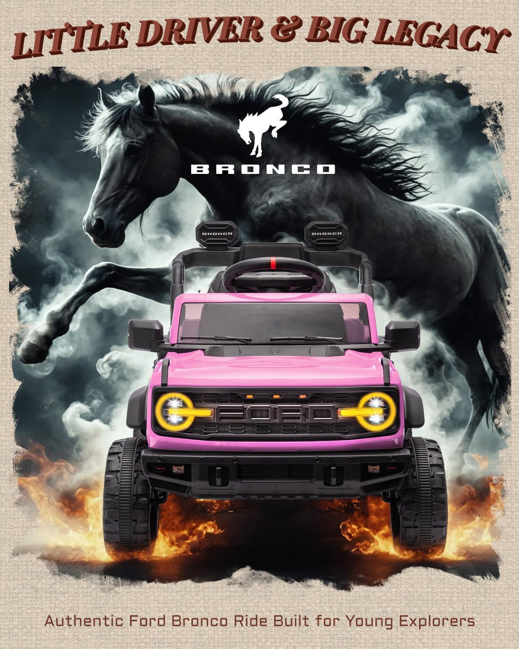 12V Electric Ride on Toys for Toddler, Ford Bronco Raptor Kids Ride on Car with Remote Control, 12 Volt Battery Powered Cars for Children with Smooth Start, Bluetooth (12V, Pink)