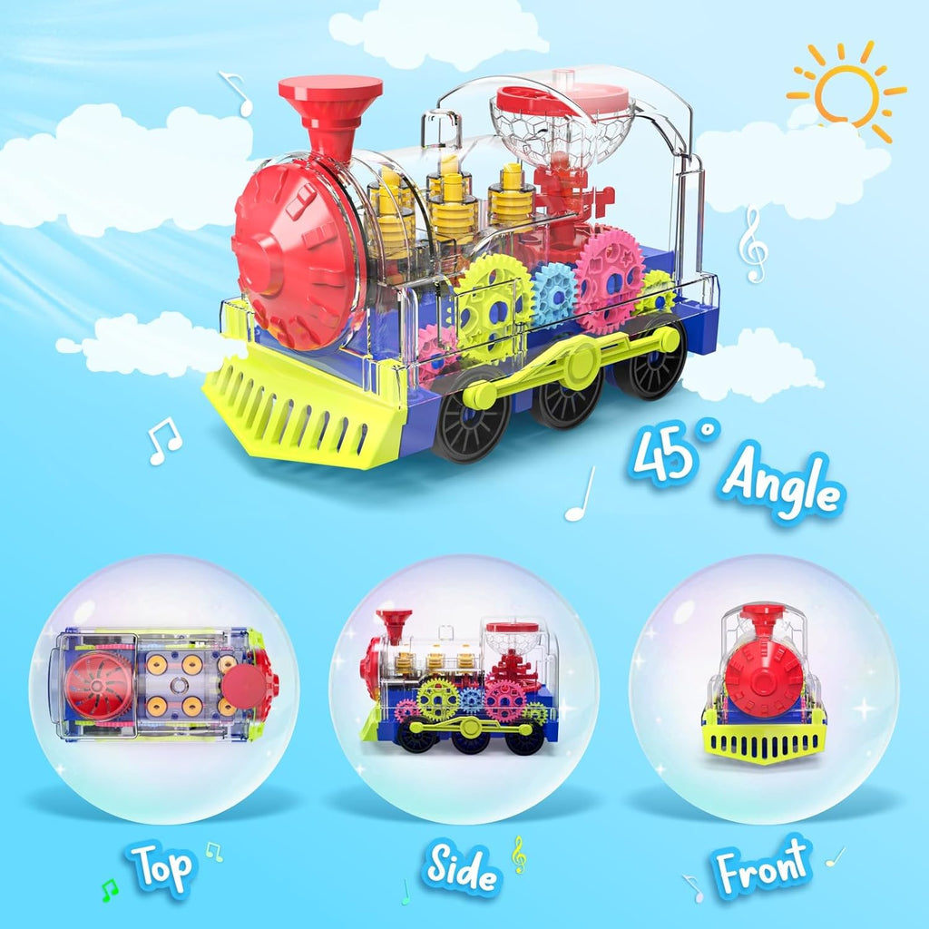 Kizeefun Light Up Train Toy for Toddlers: Transparent Gear Car Toy for Kids with Cool Light and Music Educational Crawling Toys for Baby Boys and Girls