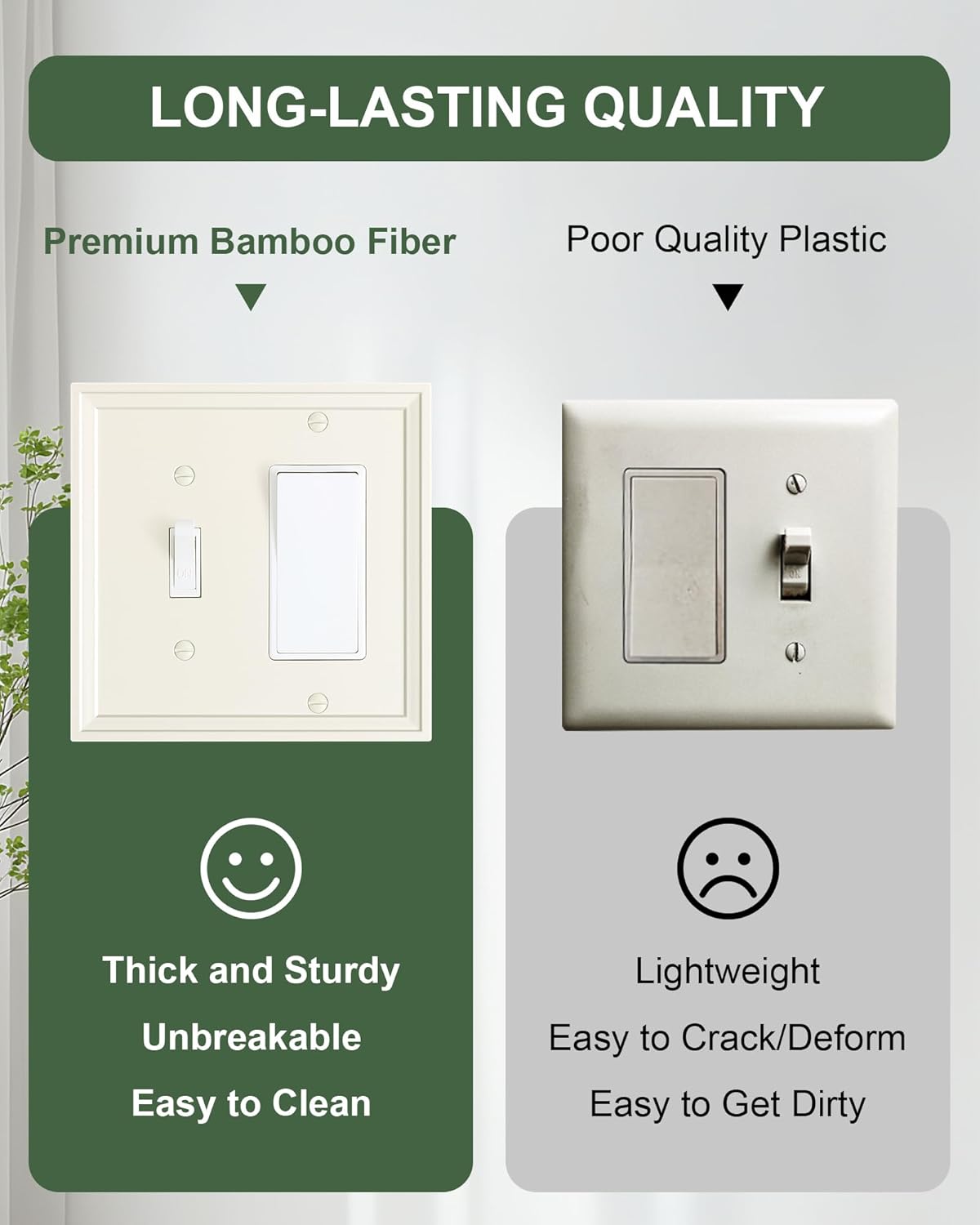 2-Pack Combo Toggle/Decorator Light Switch Cover Plate, Light Almond Modern Decorative Electrical Outlet Covers, Bamboo Fiber Wall Switch Plates and Outlet Covers