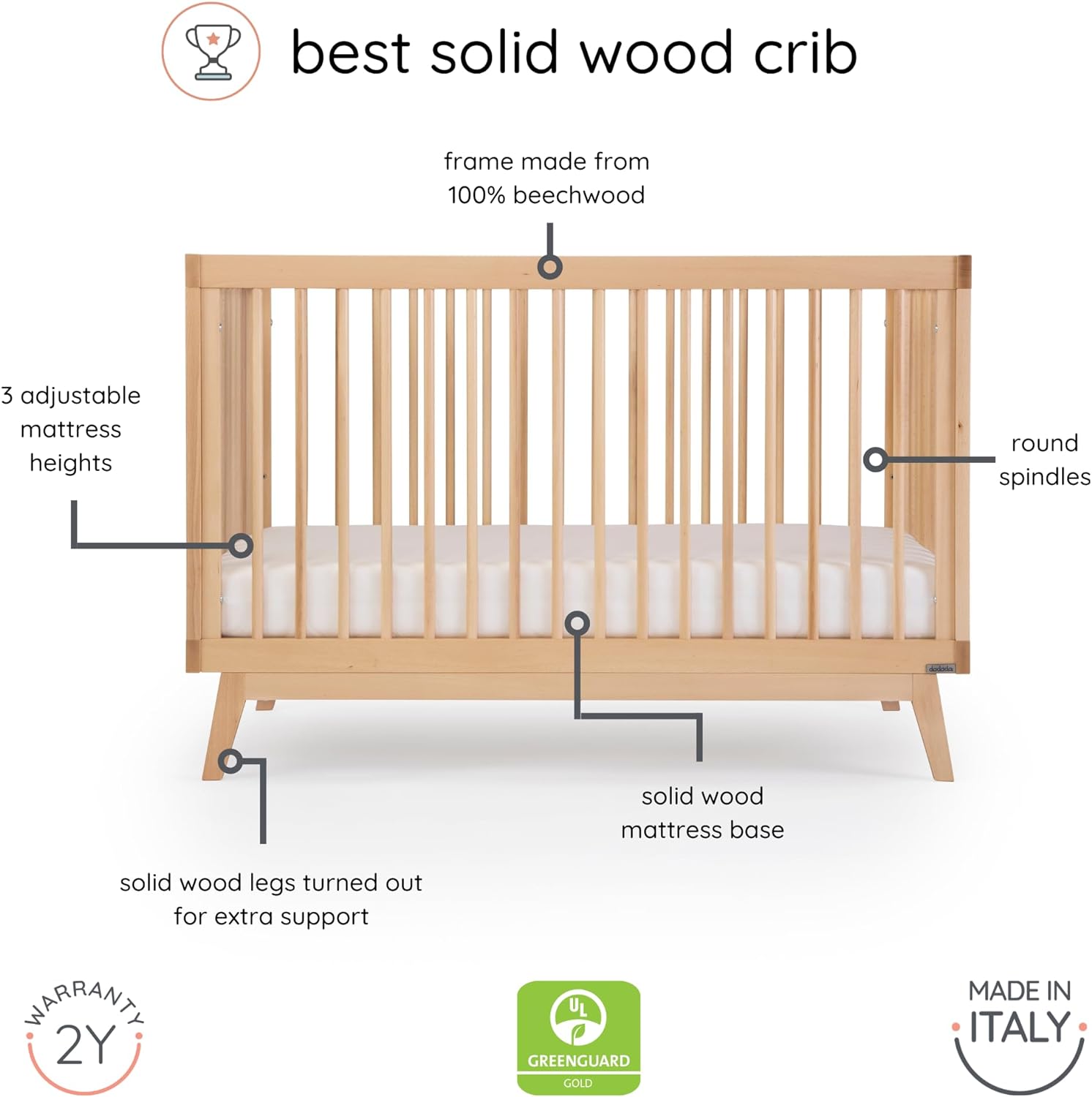 dadada Baby Soho 3-in-1 Convertible Wooden Crib to Toddler Bed - Made in Italy, GREENGUARD Gold Certified, Baby-Safe Finish, Sustainable Beech Wood, Modern Design, 3 Adjustable Heights (Natural)