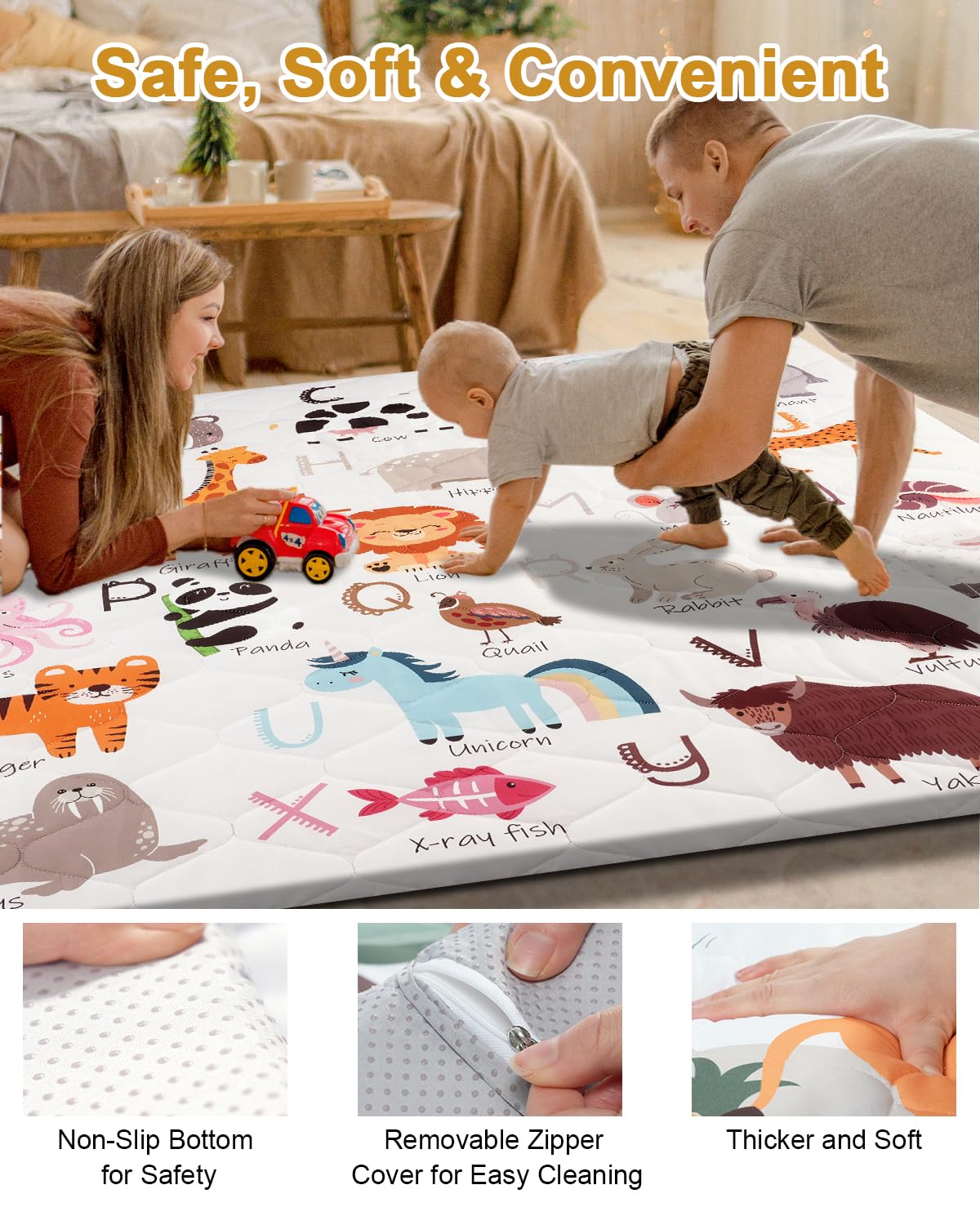 Premium Foam Baby Play Mat 71" x 59" – Removable & Machine Washable Cover, Extra Thick Padding Playpen Mat, Non-Slip Crawling Mat, Easy to Clean for Infants, Toddlers & Babies